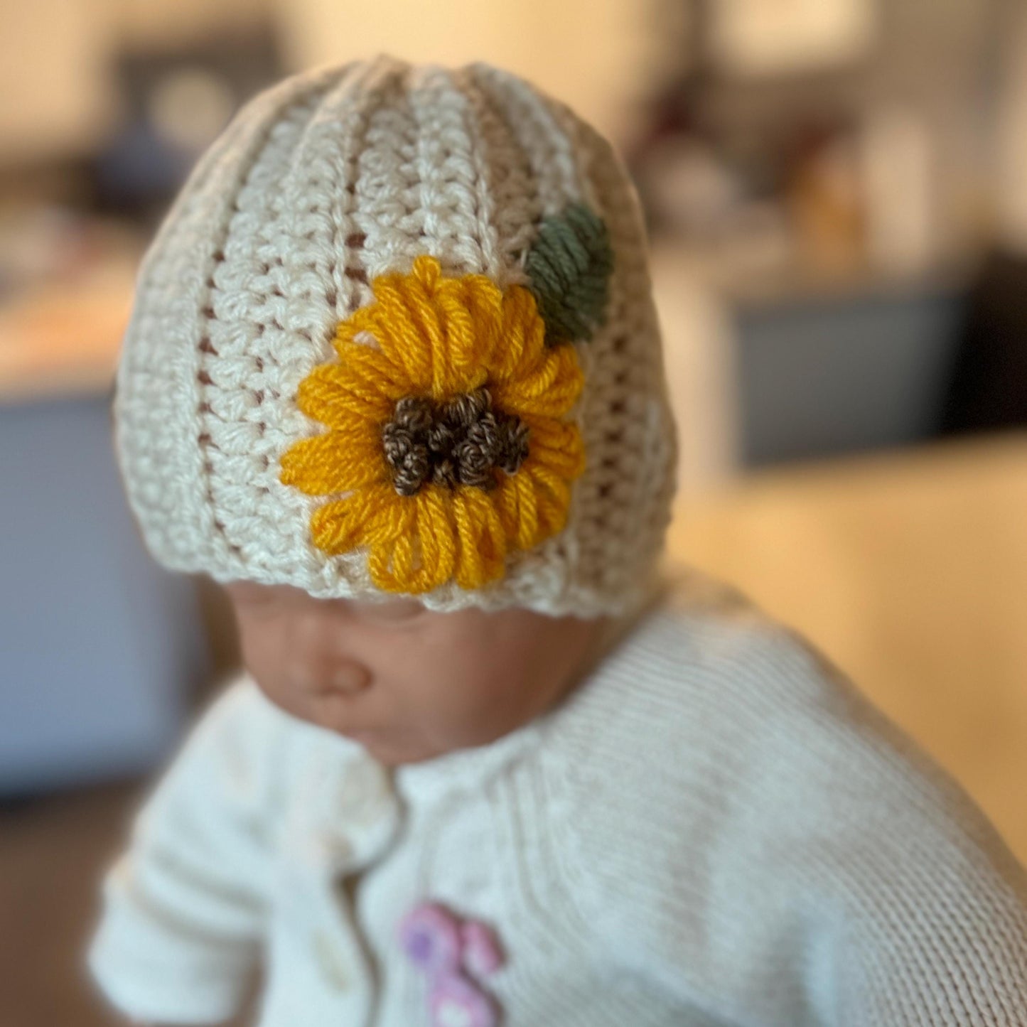 Hat for baby- crochet with hand embroidered sunflower- beige size newborn to 3T available