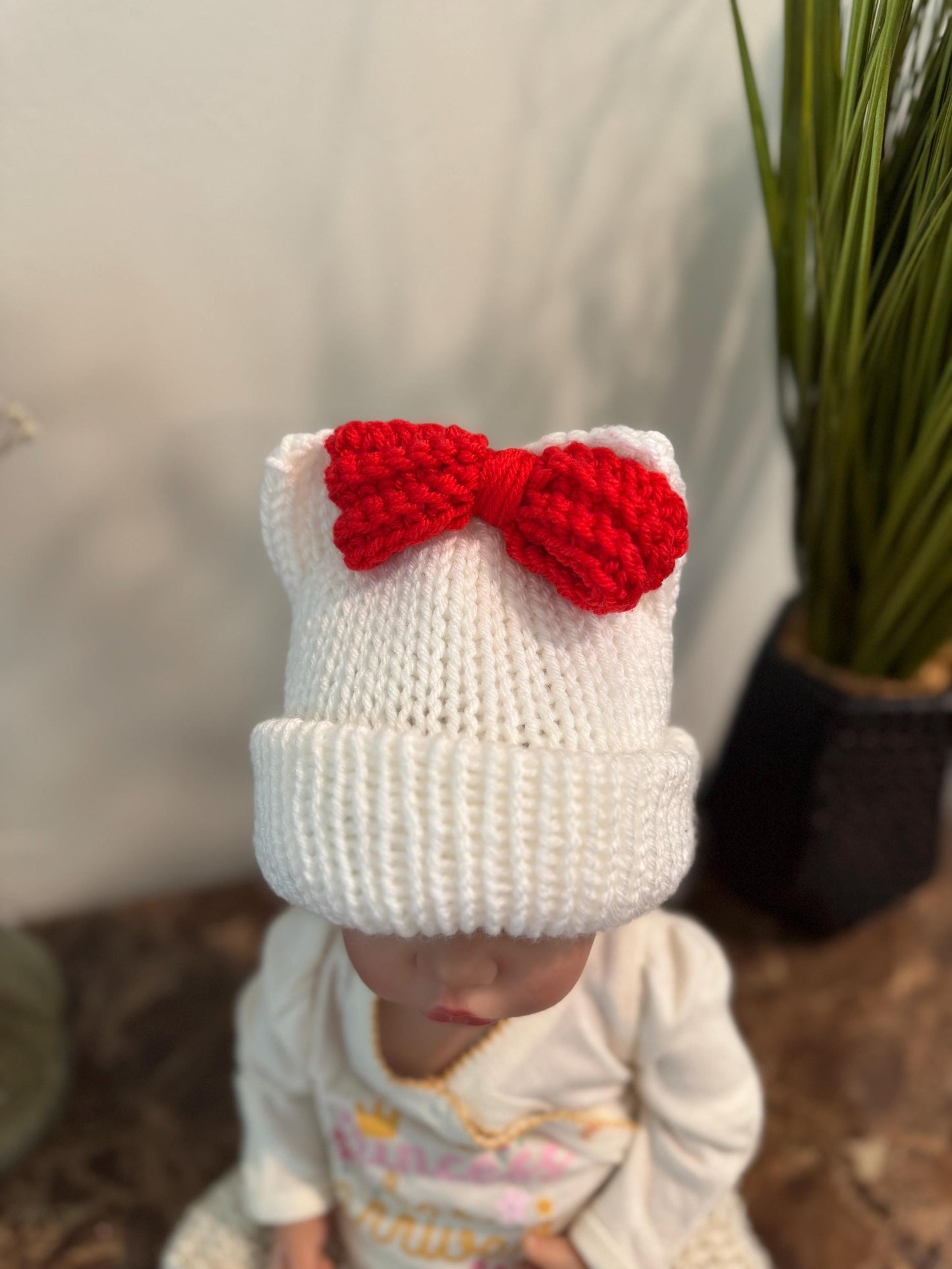 Kitty ears beanie hat, red and white beanie hat with cat ears, white beanie hat with red bow- Sizes newborn to adult