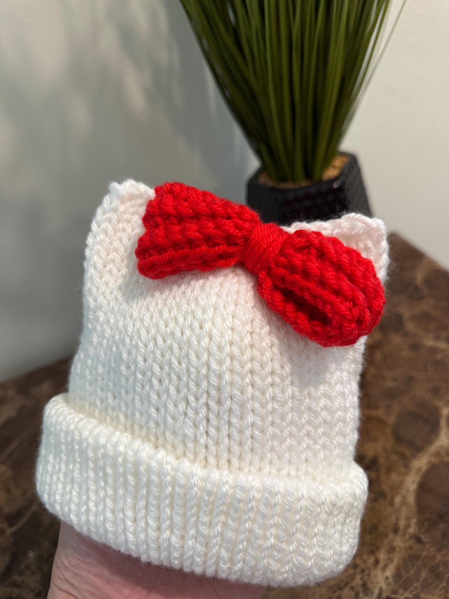 Kitty ears beanie hat, red and white beanie hat with cat ears, white beanie hat with red bow- Sizes newborn to adult