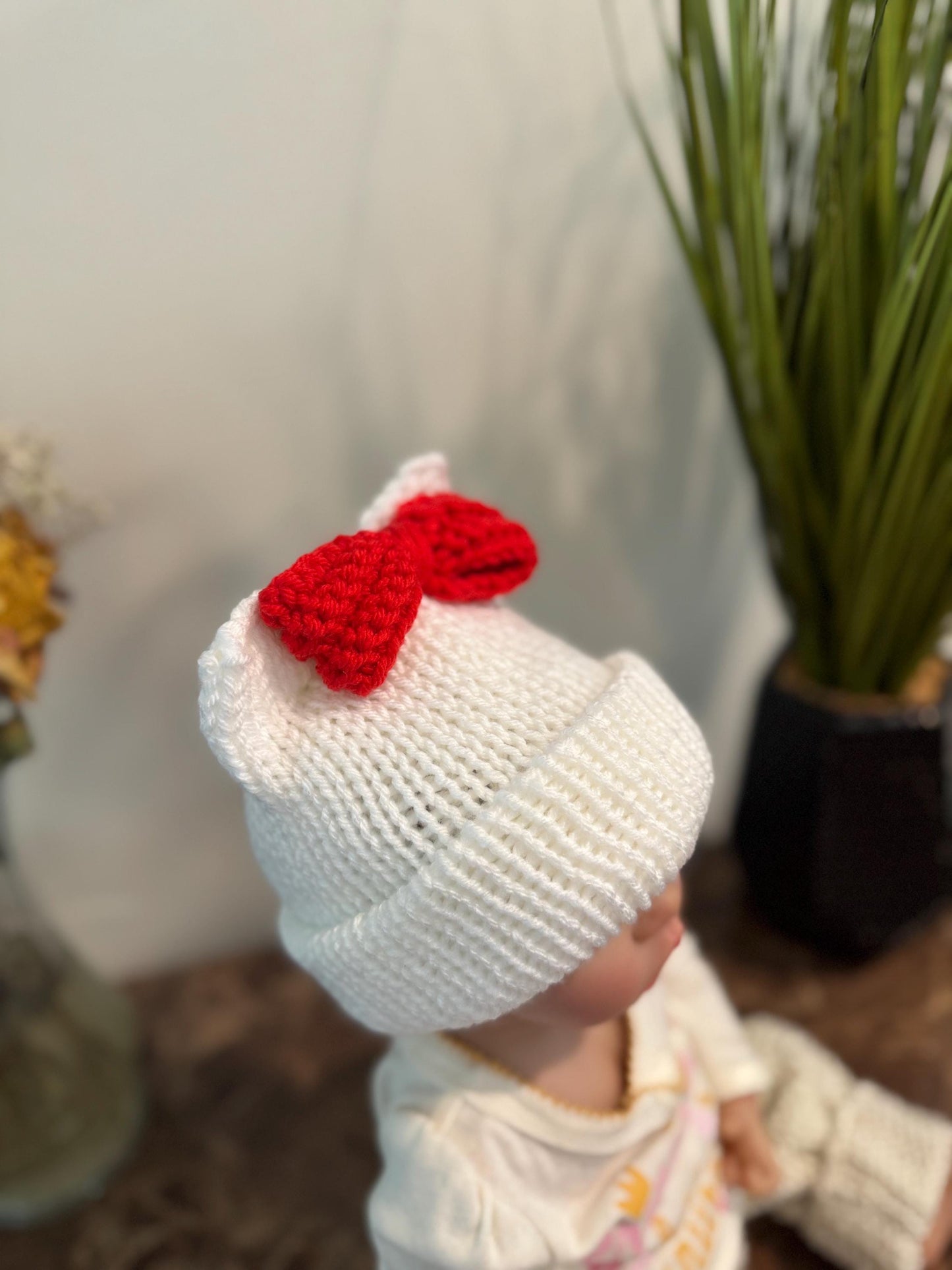 Kitty ears beanie hat, red and white beanie hat with cat ears, white beanie hat with red bow- Sizes newborn to adult