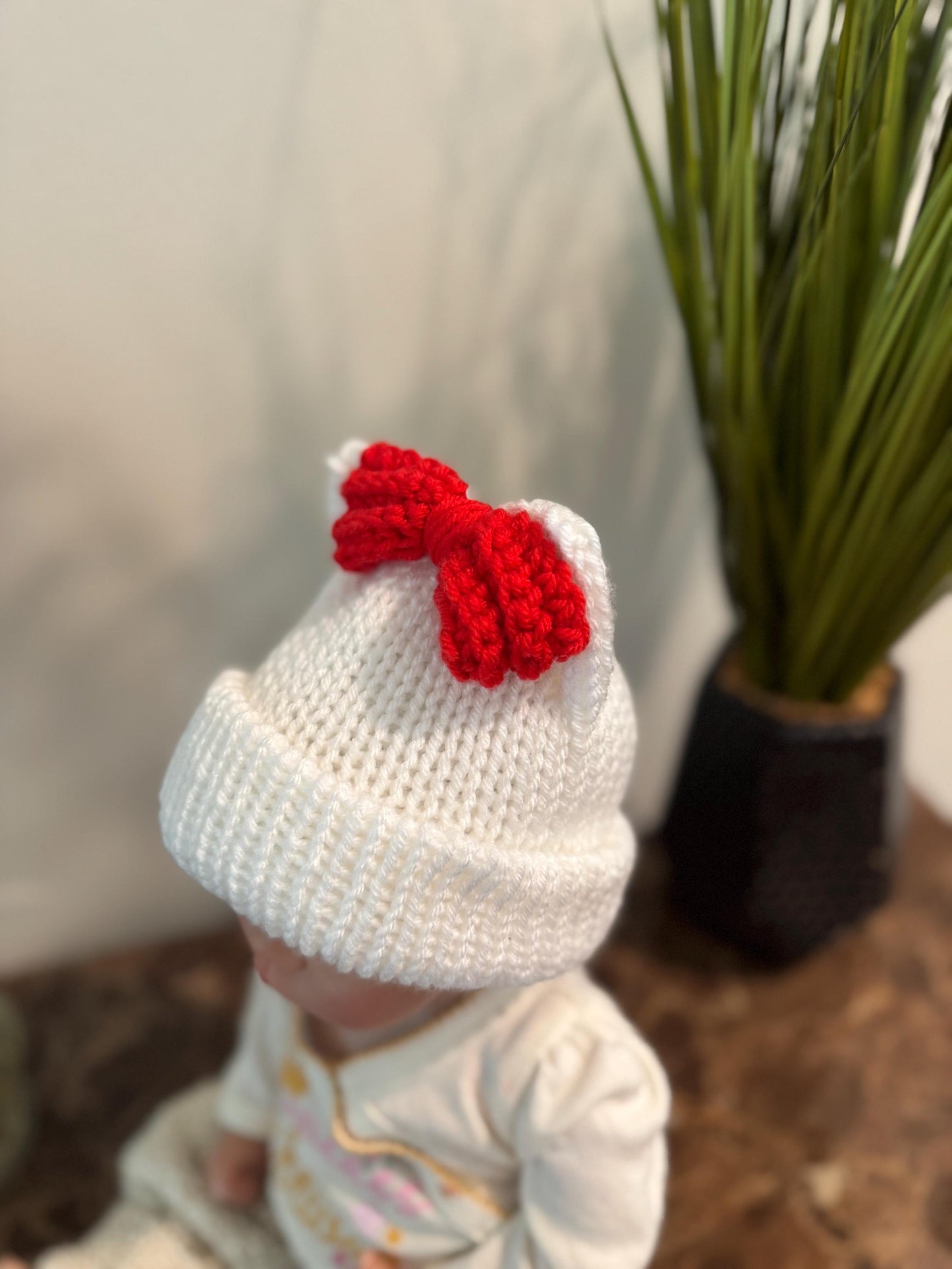 Kitty ears beanie hat, red and white beanie hat with cat ears, white beanie hat with red bow- Sizes newborn to adult