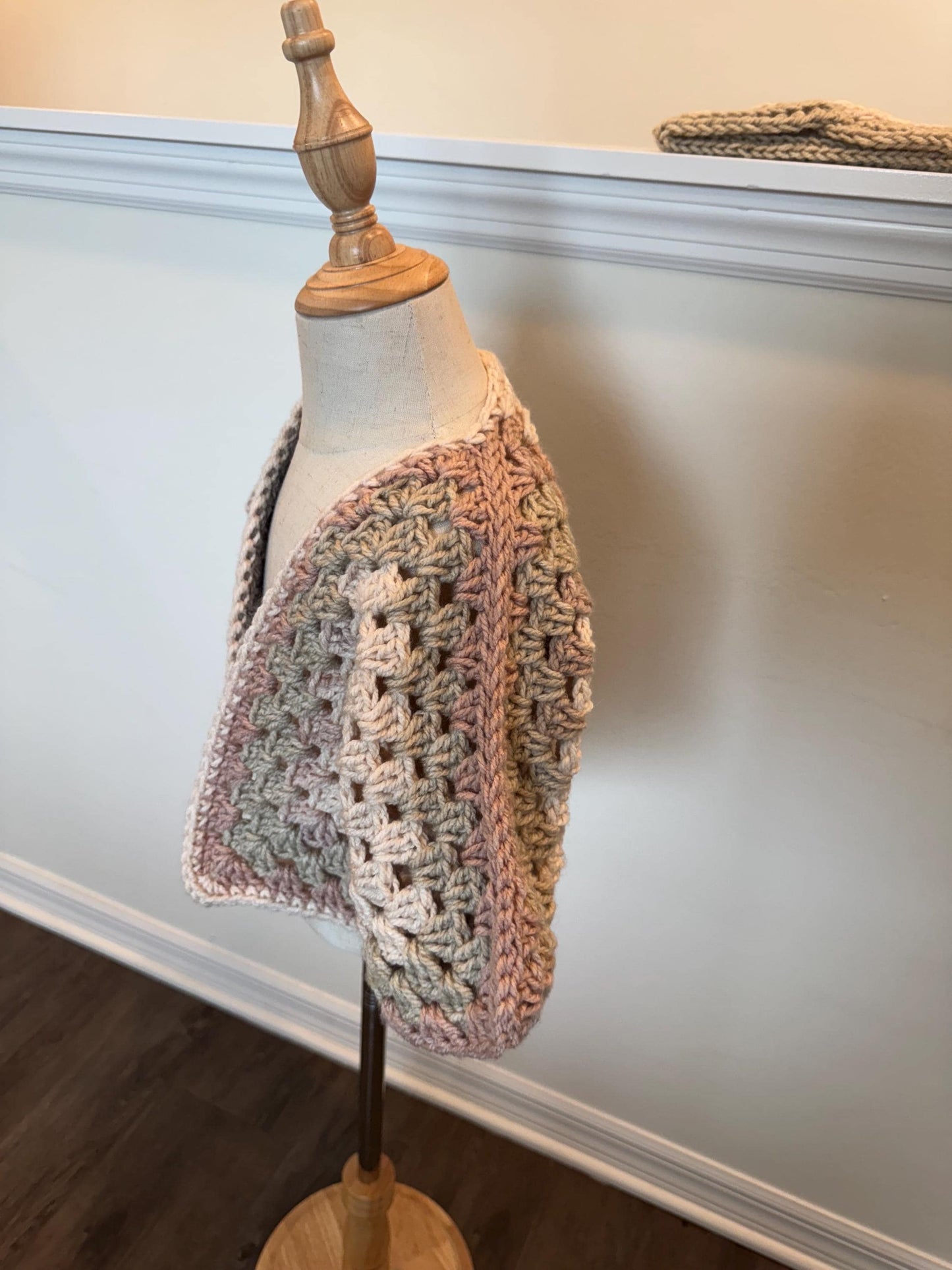 Crochet granny hexagon cardigan and headband set for girl, size 2-3T, beige gray pink and purple color combo