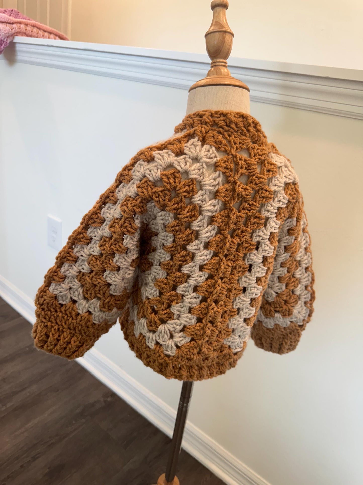 Crochet granny hexagon cardigan and headband set for girl, size 2-4 years old, beige and brown color combo