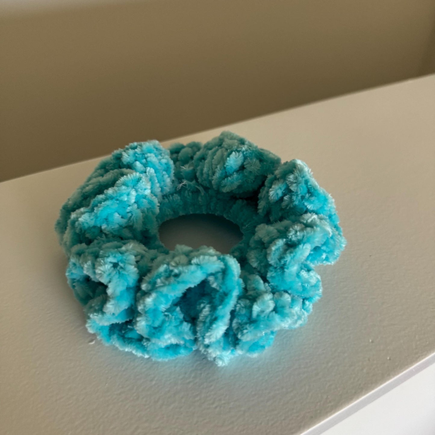 Soft hair scrunchie made from soft velvety yarn- in aqua blue color