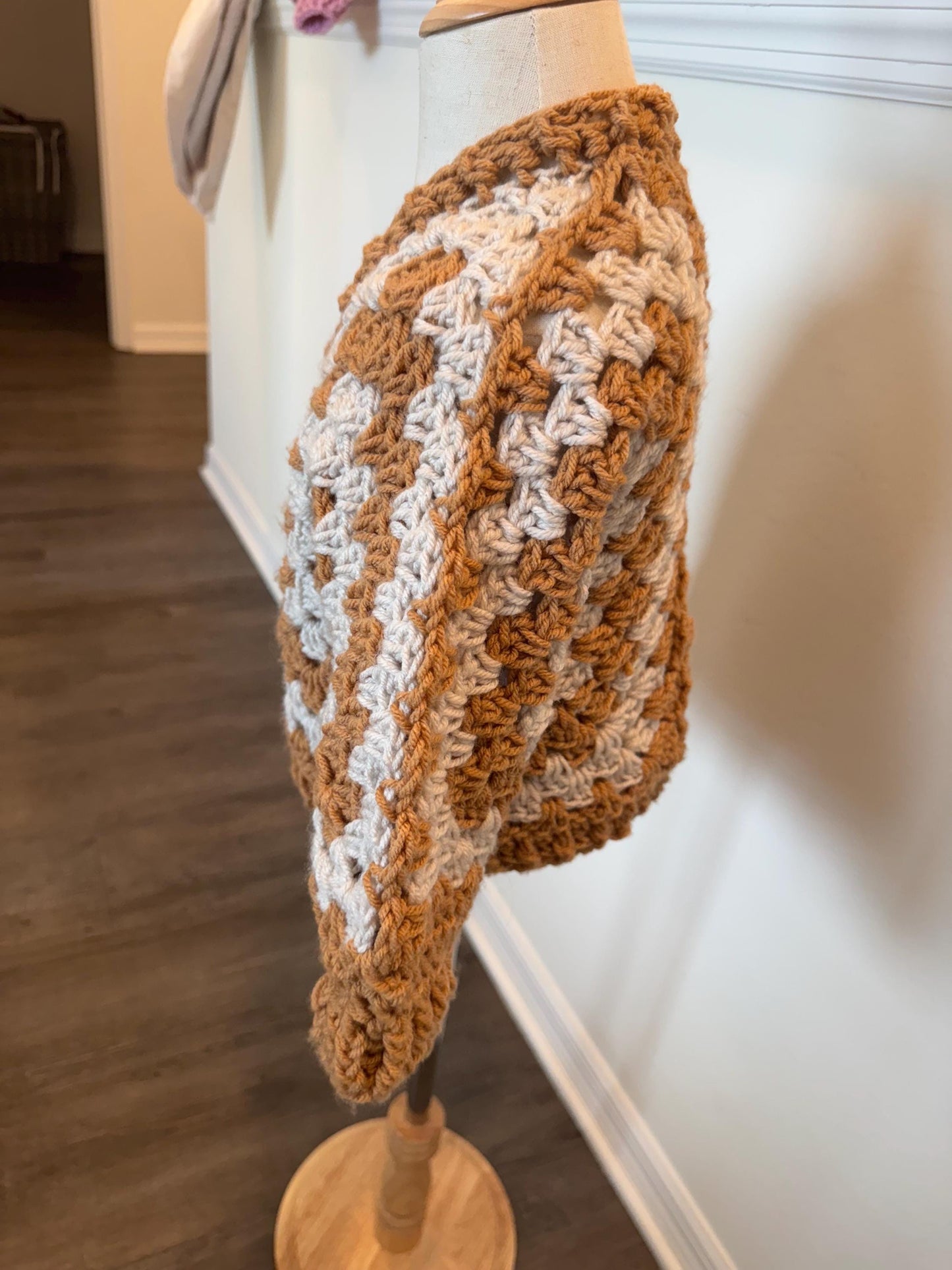 Crochet granny hexagon cardigan and headband set for girl, size 2-4 years old, beige and brown color combo