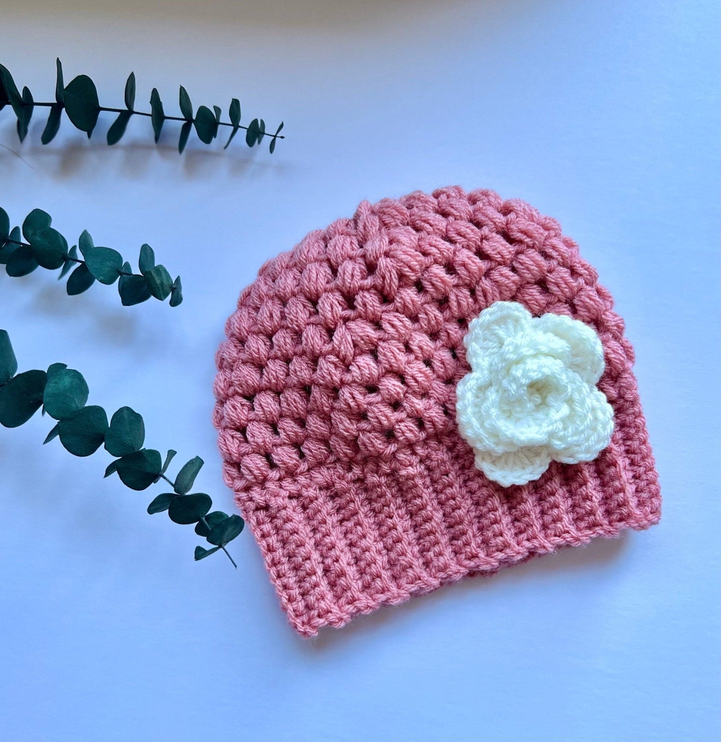 Stylish trendy crochet hat for girl, pink hat with white crochet flower, size 2 - 3T, “mom and me” hat set, great gift - Lilly Grace Sparkle Boutique