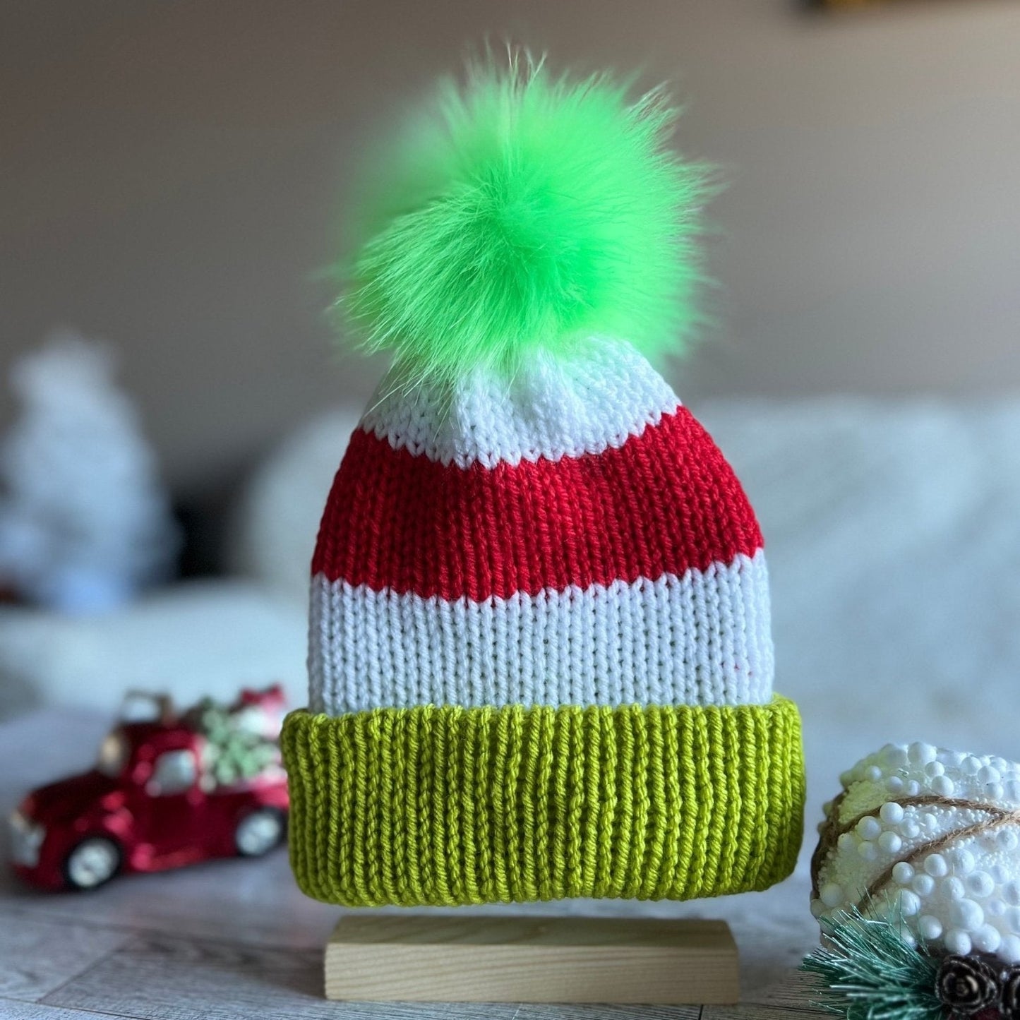 Christmas striped beanie hat with faux fur pompom, red-white- lime green colored hat for baby, neborn to adult size Christmas beanie hat - Lilly Grace Sparkle Boutique