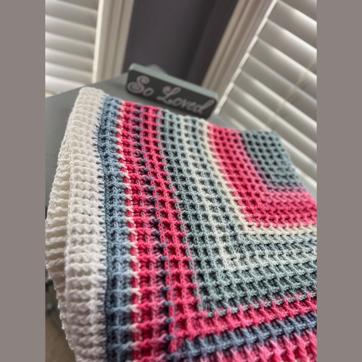 Handmade Crochet baby blanket pink, white, and gray colors - Lilly Grace Sparkle Boutique