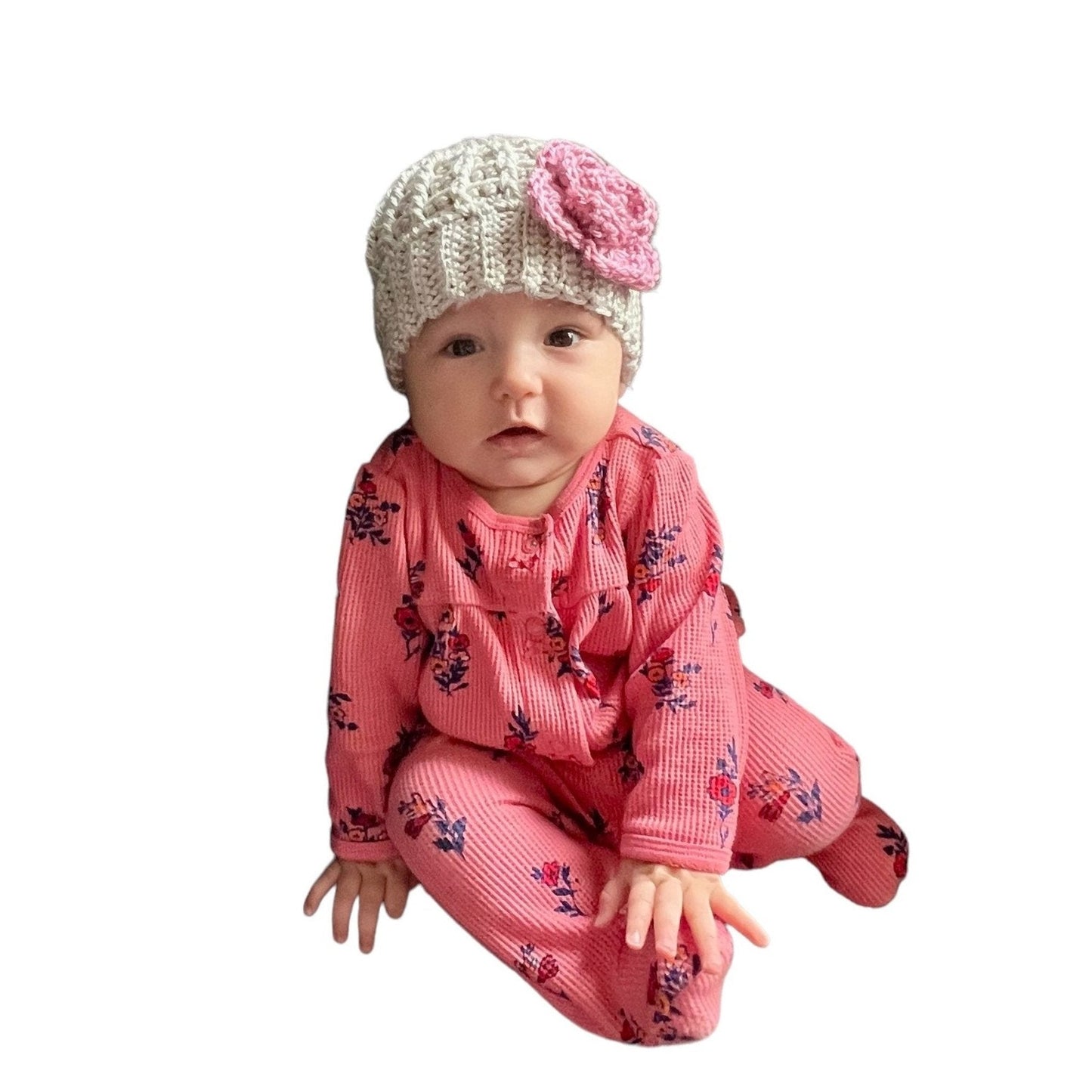 Handmade crochet hat for a baby girl, silver/light gray hat with pink crochet flower, hat for toddler girl, different sizes available - Lilly Grace Sparkle Boutique