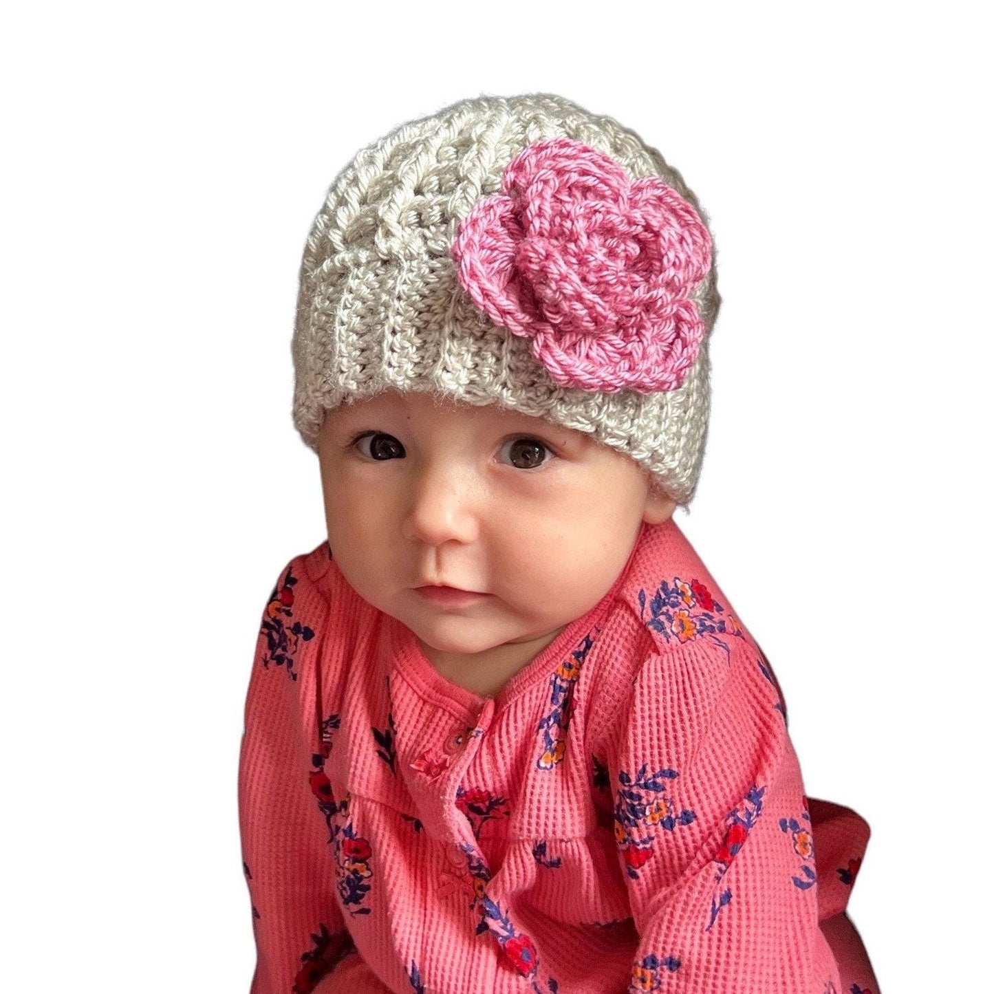 Handmade crochet hat for a baby girl, silver/light gray hat with pink crochet flower, hat for toddler girl, different sizes available - Lilly Grace Sparkle Boutique