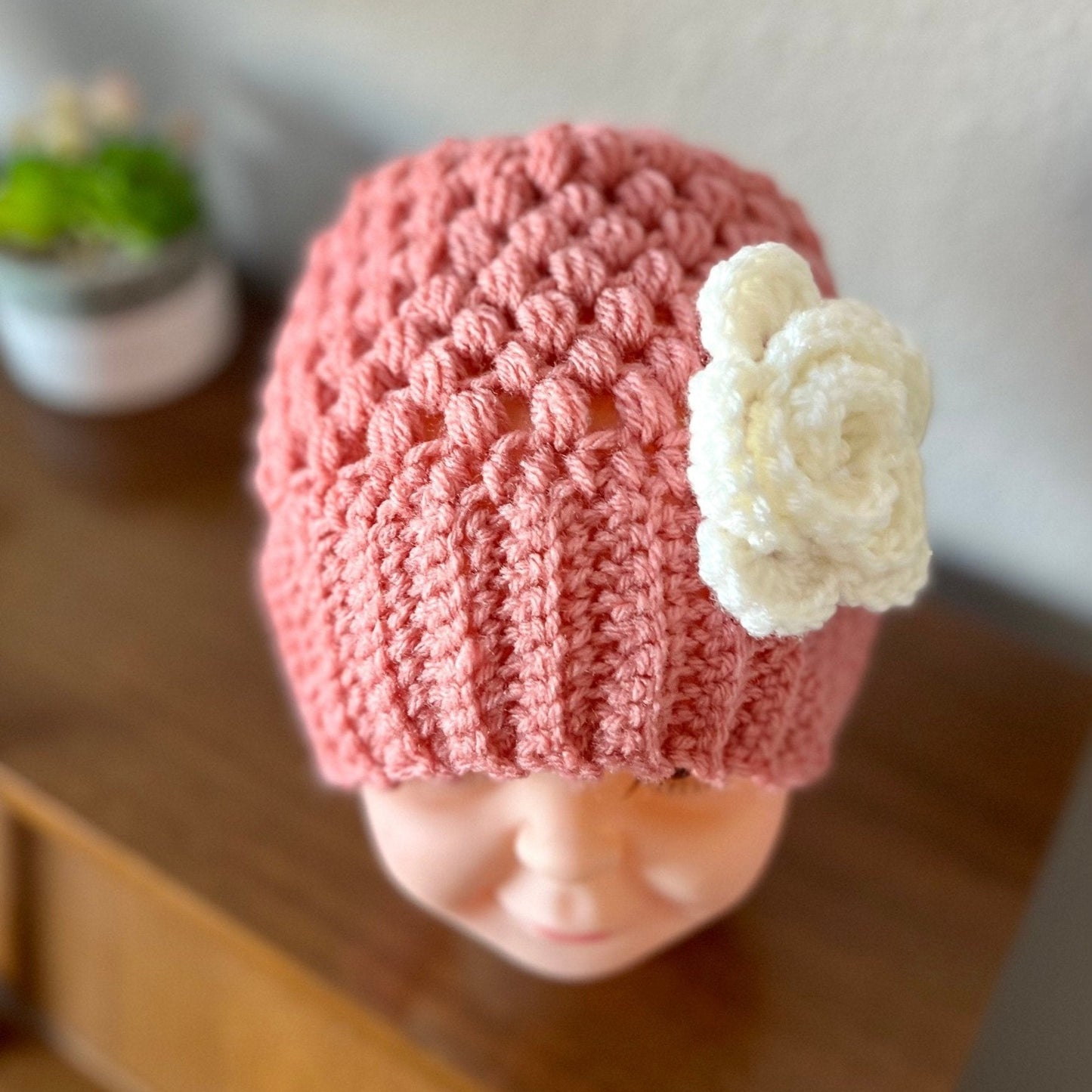 Stylish trendy crochet hat for girl, pink hat with white crochet flower, size 2-3T, “mom and me” hat set, great gift. Cute Spring beanie hat - Lilly Grace Sparkle Boutique