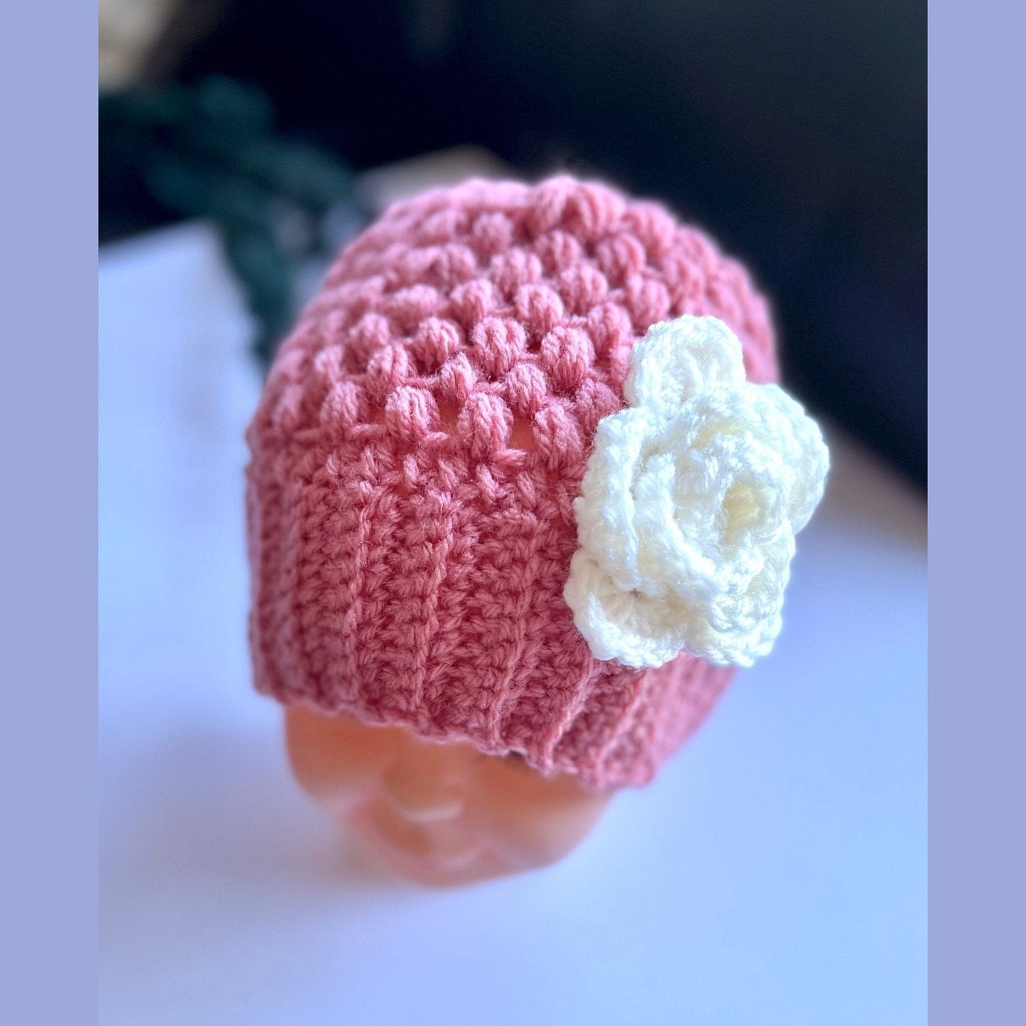 Stylish trendy crochet hat for girl, pink hat with white crochet flower, size 2-3T, “mom and me” hat set, great gift. Cute Spring beanie hat - Lilly Grace Sparkle Boutique