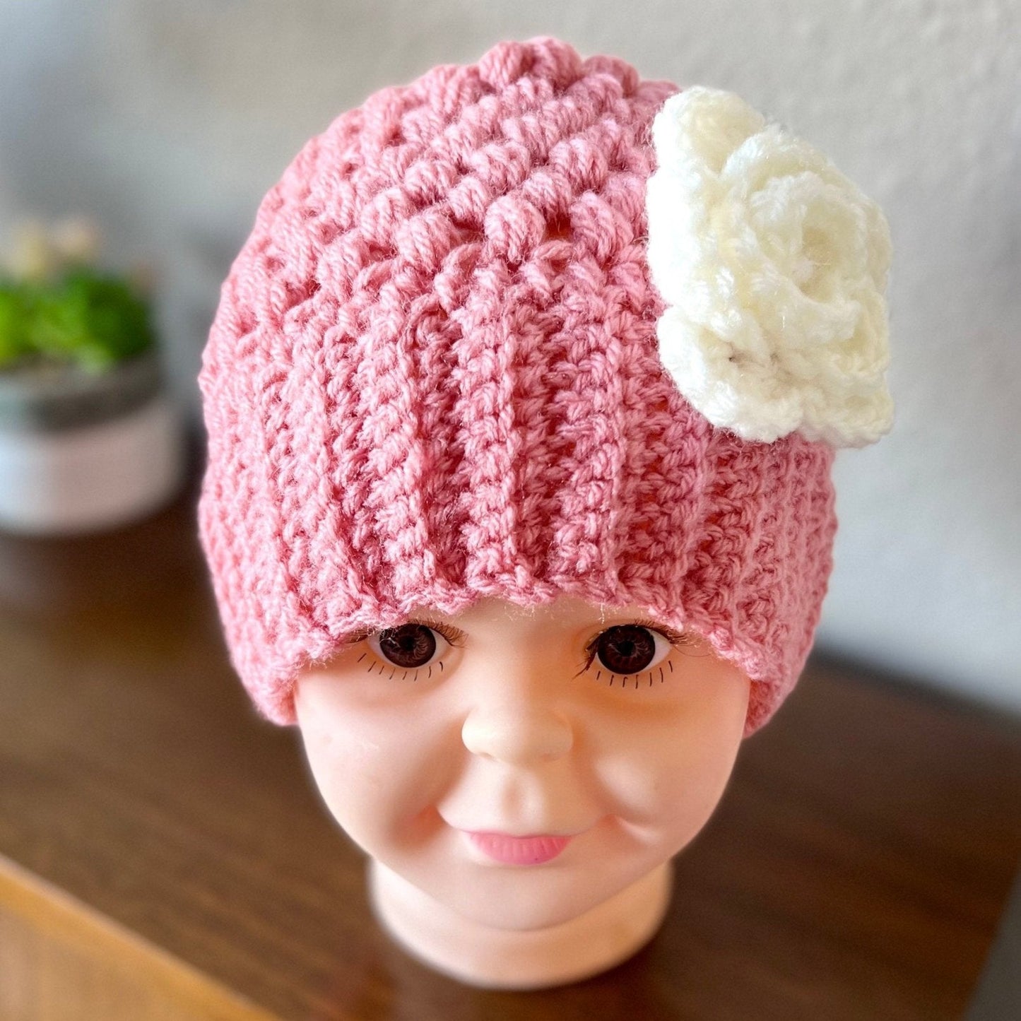 Stylish trendy crochet hat for girl, pink hat with white crochet flower, size 2-3T, “mom and me” hat set, great gift. Cute Spring beanie hat - Lilly Grace Sparkle Boutique