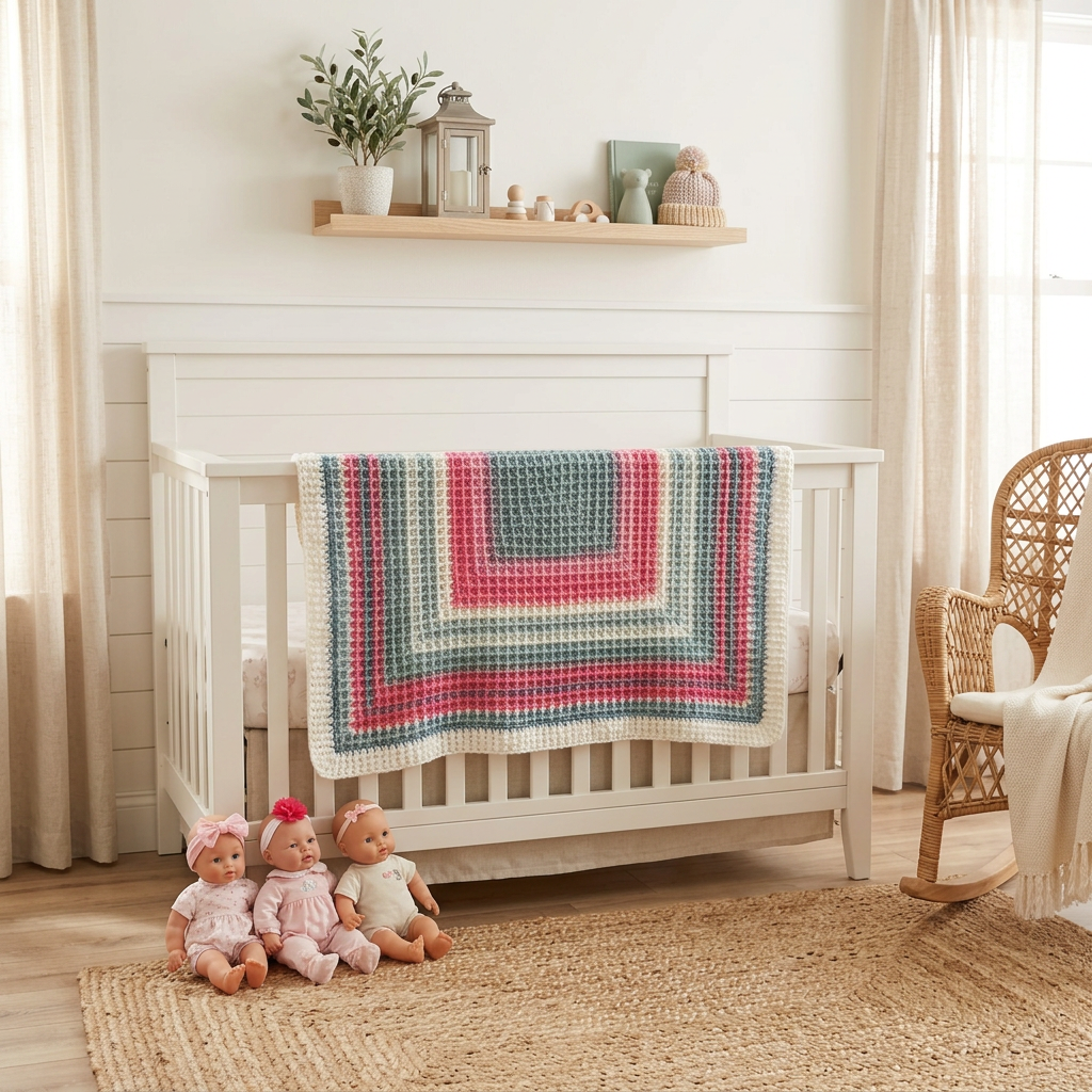 Baby blanket- 36”x36” handmade crochet waffle stitch - pink, white, and gray colors, baby shower gift, handmade heirloom baby blanket