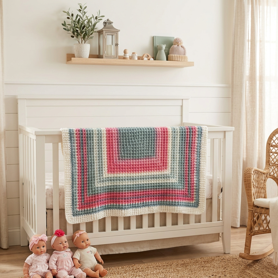 Baby blanket- 36”x36” handmade crochet waffle stitch - pink, white, and gray colors, baby shower gift, handmade heirloom baby blanket