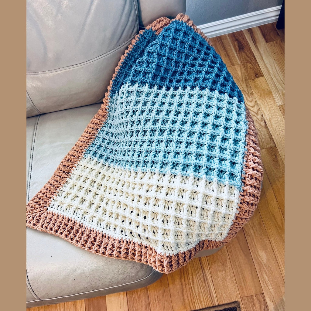 Beach vibes baby blanket in blue, white, and light brown. Modern heirloom blanket, baby shower gift 27”x23” cradle/ basinet/carseat blanket - Lilly Grace Sparkle Boutique