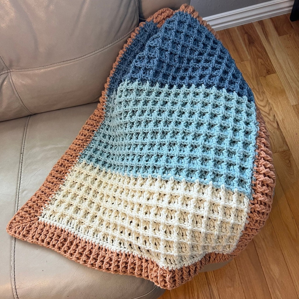 Beach vibes baby blanket in blue, white, and light brown. Modern heirloom blanket, baby shower gift 27”x23” cradle/ basinet/carseat blanket - Lilly Grace Sparkle Boutique