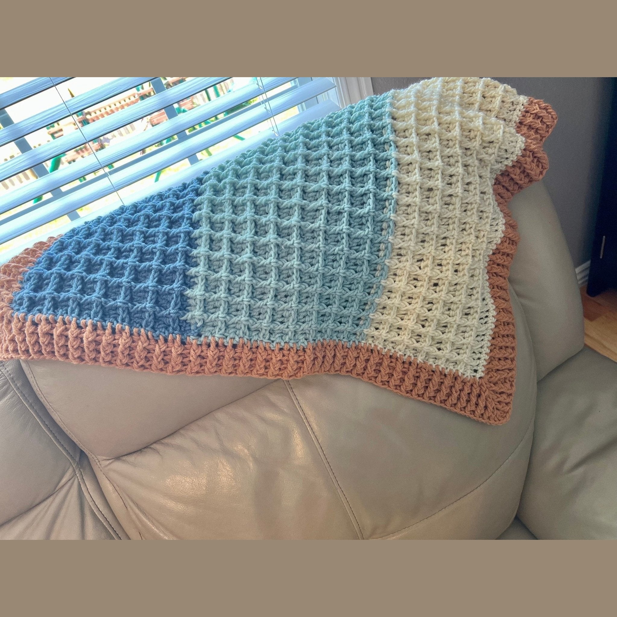 Beach vibes baby blanket in blue, white, and light brown. Modern heirloom blanket, baby shower gift 27”x23” cradle/ basinet/carseat blanket - Lilly Grace Sparkle Boutique