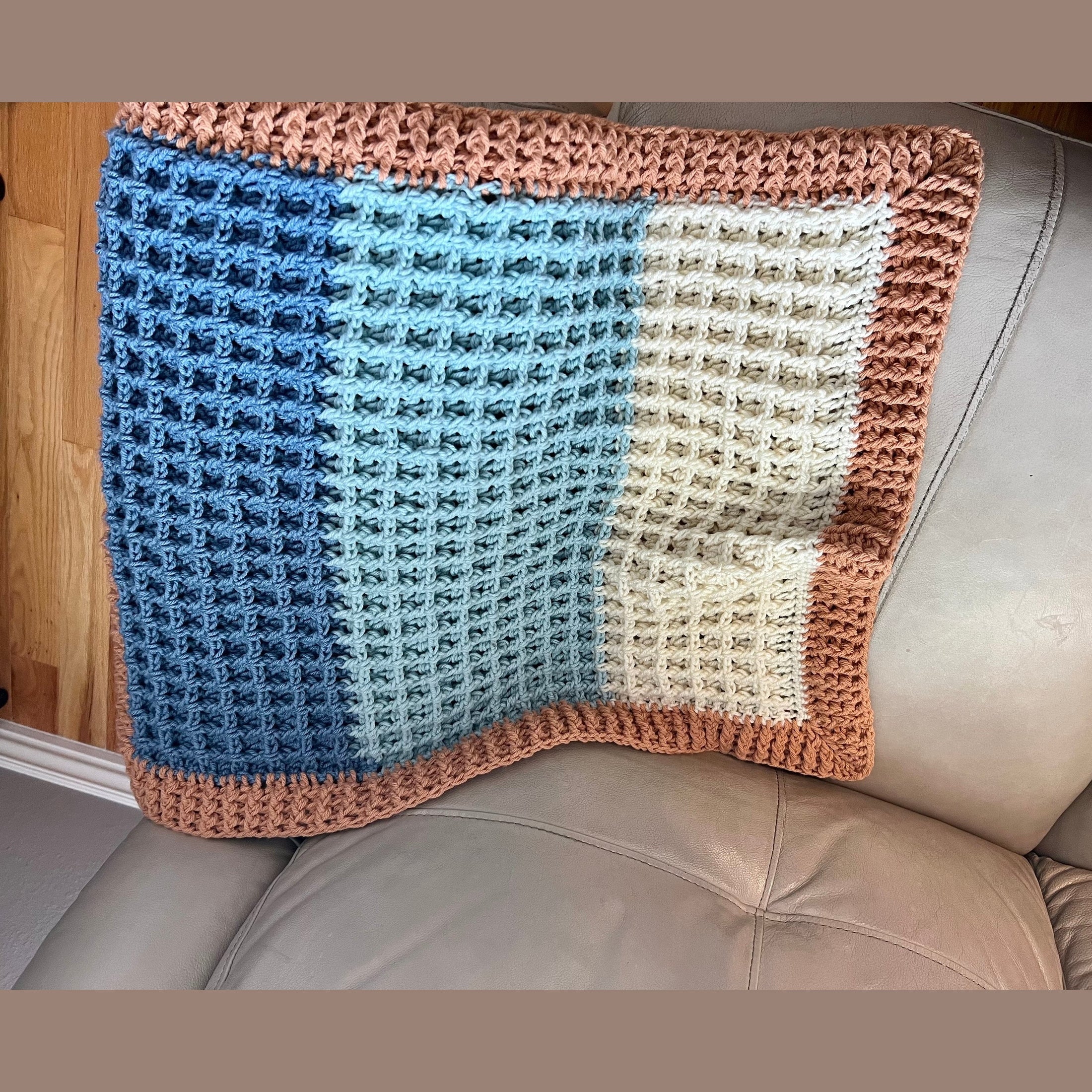 Beach vibes baby blanket in blue, white, and light brown. Modern heirloom blanket, baby shower gift 27”x23” cradle/ basinet/carseat blanket