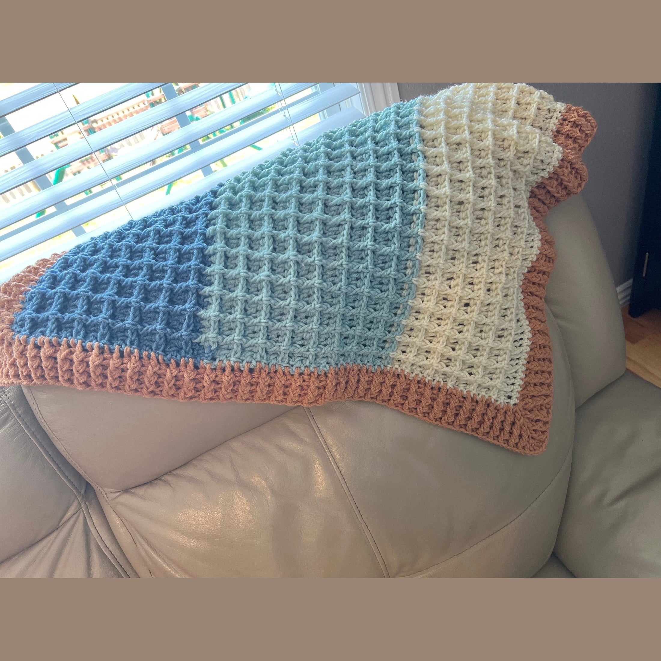 Beach vibes baby blanket in blue, white, and light brown. Modern heirloom blanket, baby shower gift 27”x23” cradle/ basinet/carseat blanket