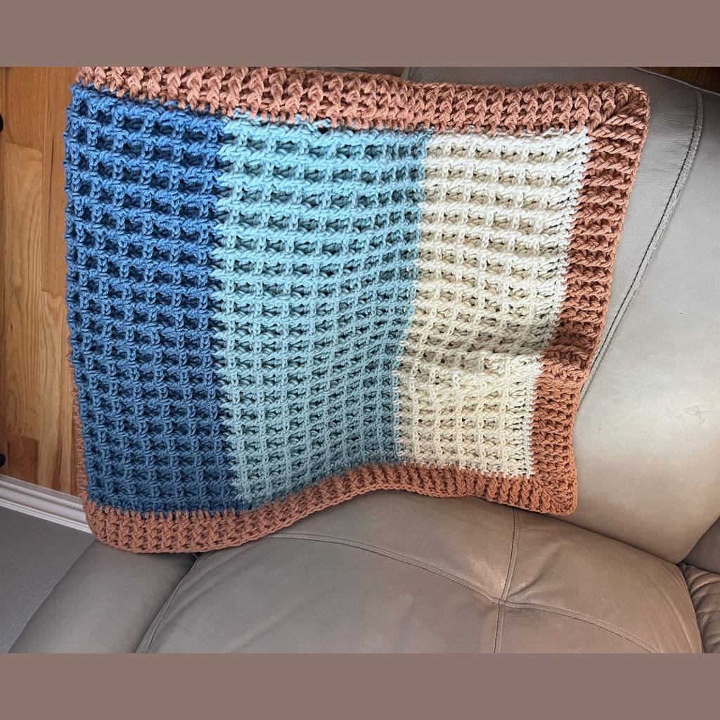Beach vibes baby blanket in blue, white, and light brown. Modern heirloom blanket, baby shower gift 27”x23” cradle/ basinet/carseat blanket
