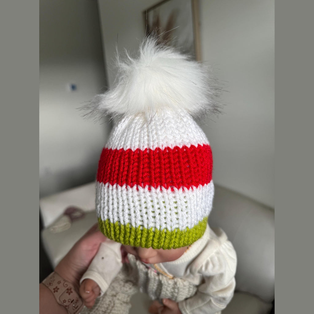 Christmas beanie hat for woman, red-white- lime green colored beanie hat with white faux fur pompom, Christmas beanie hat