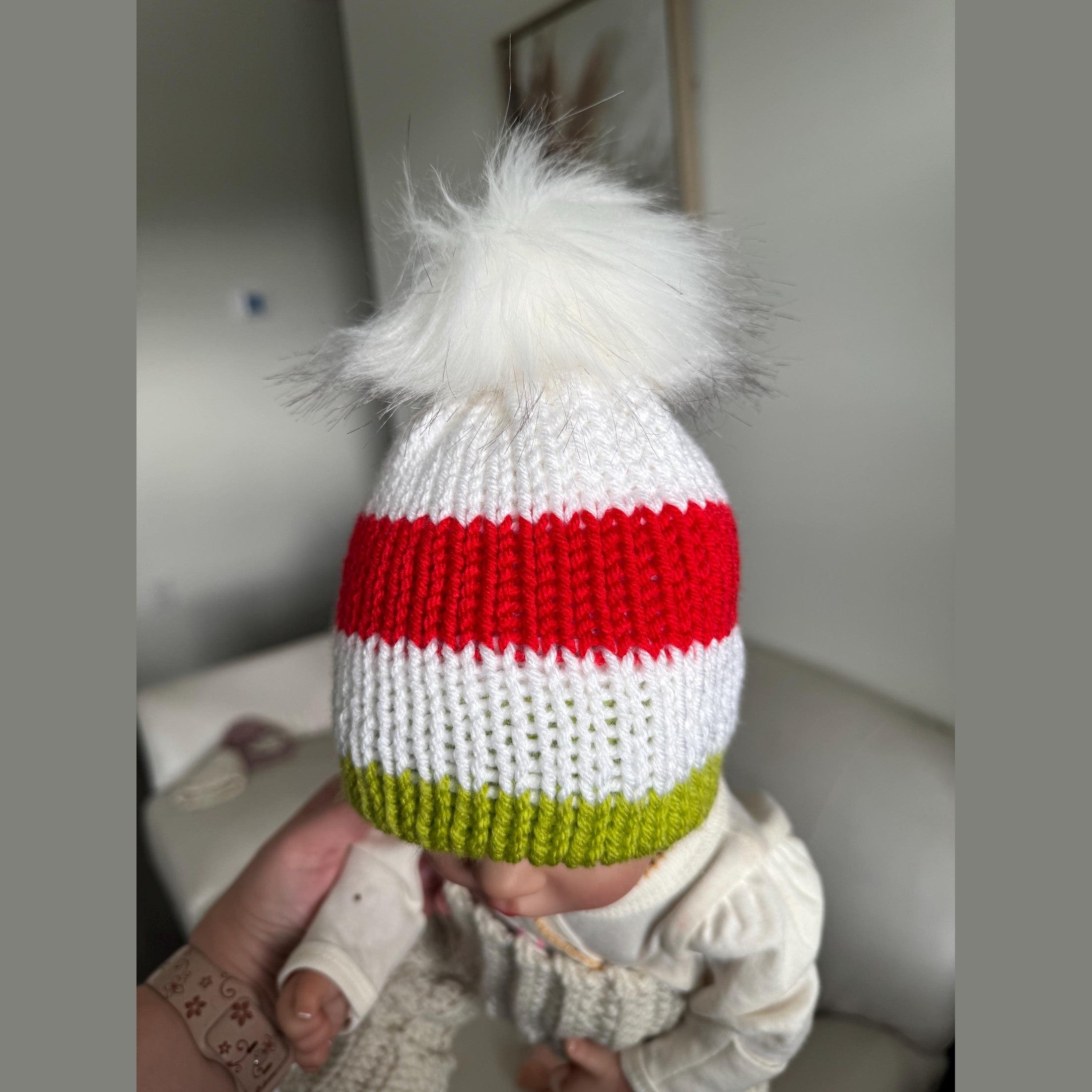 Christmas beanie hat for woman, red-white- lime green colored beanie hat with white faux fur pompom, Christmas beanie hat