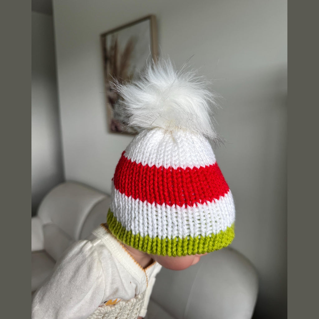 Christmas beanie hat for woman, red-white- lime green colored beanie hat with white faux fur pompom, Christmas beanie hat