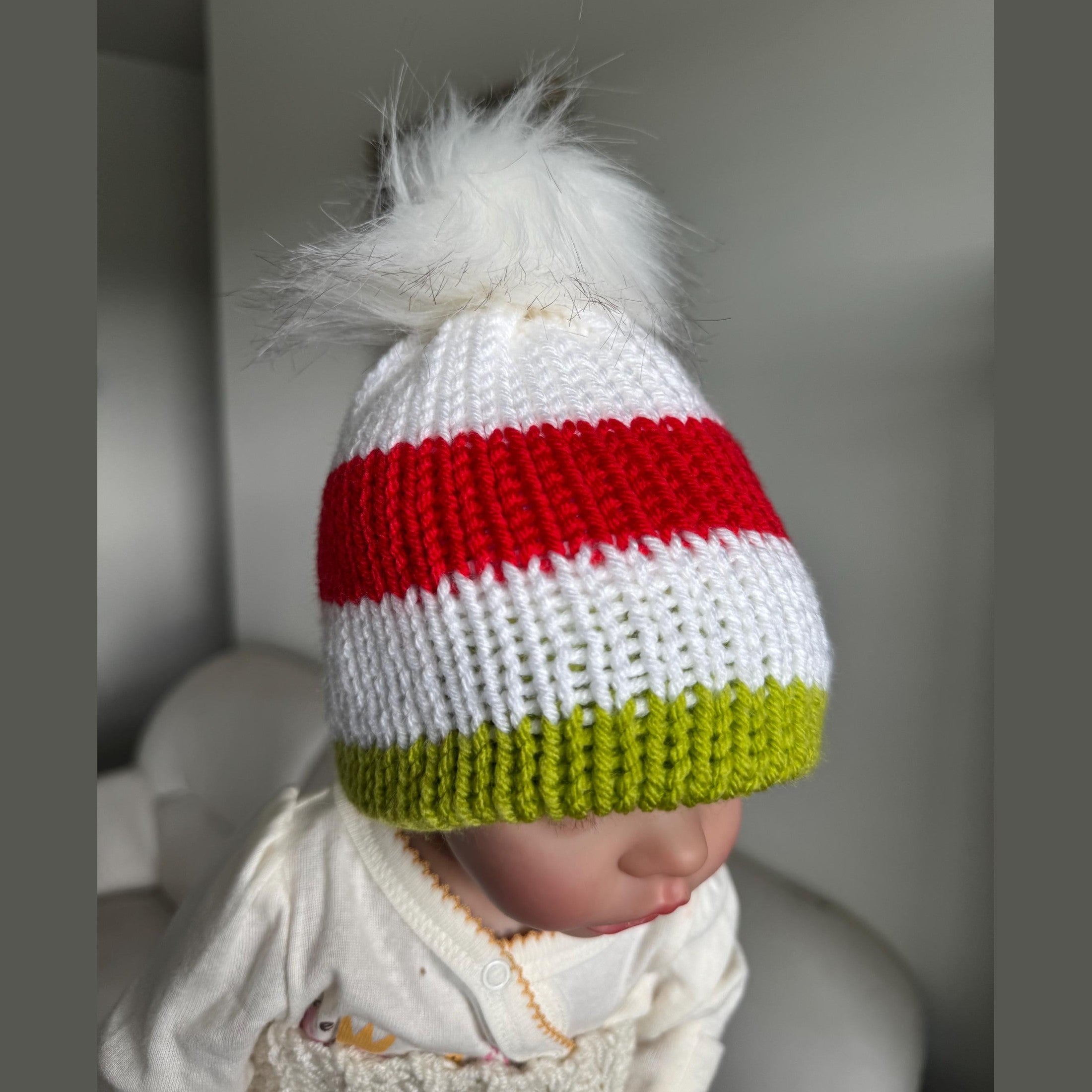 Christmas beanie hat for woman, red-white- lime green colored beanie hat with white faux fur pompom, Christmas beanie hat