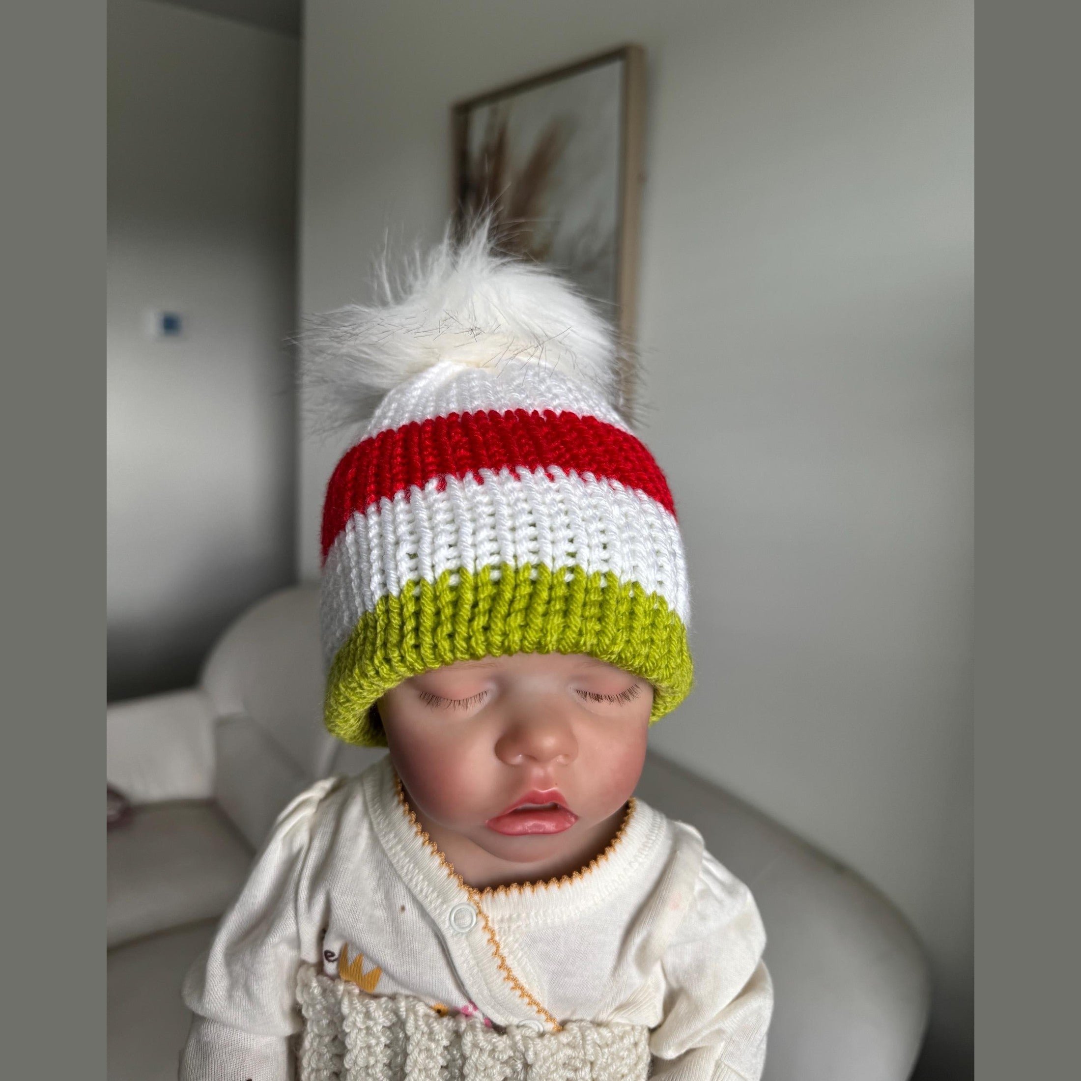 Christmas beanie hat for woman, red-white- lime green colored beanie hat with white faux fur pompom, Christmas beanie hat