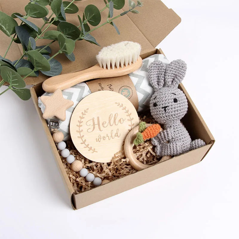 Newborn & Baby Shower Gift Set- blanket, rattle toy, pacifier clip, and soft brush