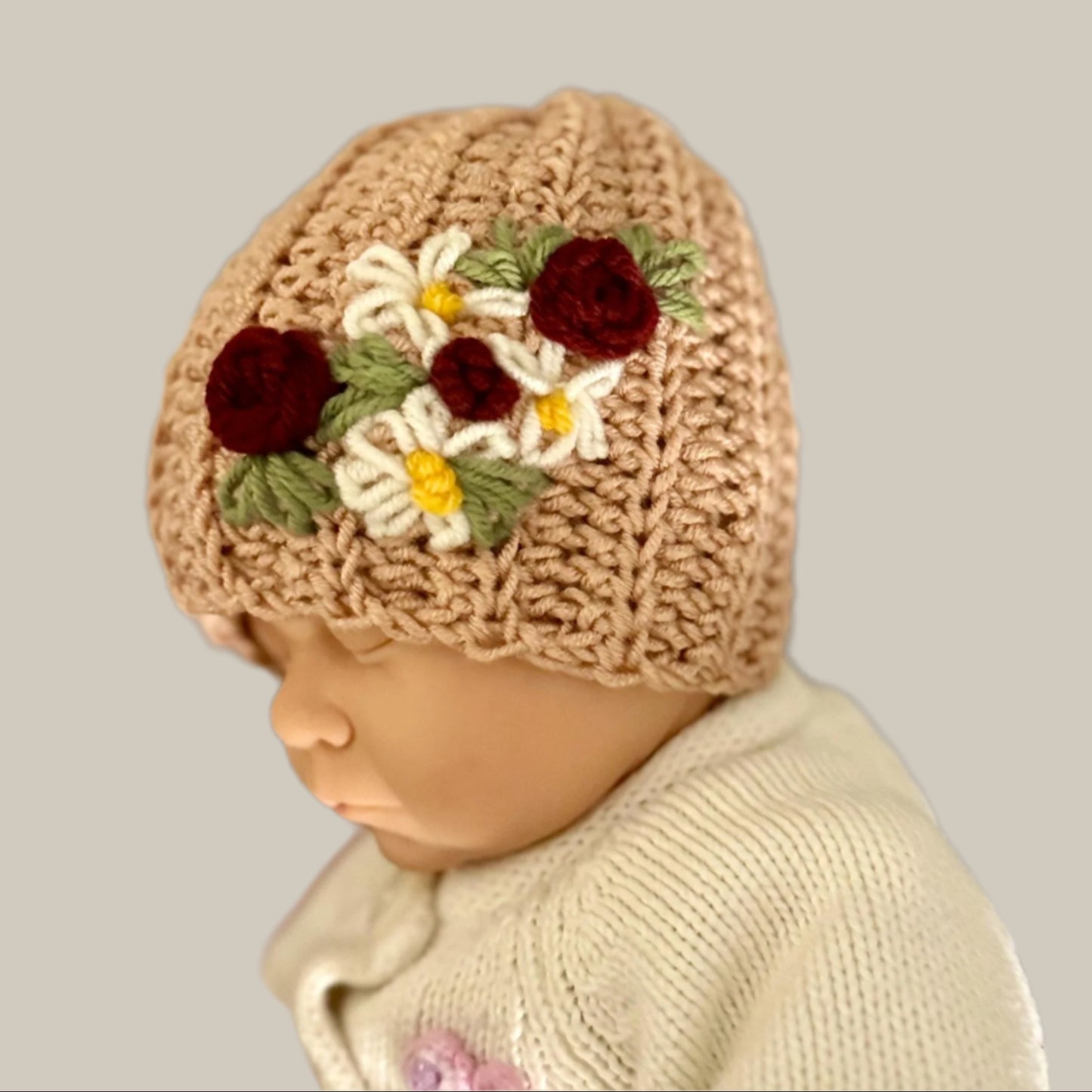 Hat for baby - crochet with hand embroidered flowers - beige size newborn to 3T available - Lilly Grace Sparkle Boutique