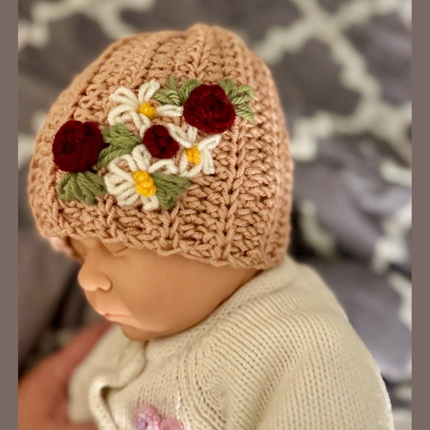 Hat for baby - crochet with hand embroidered flowers - beige size newborn to 3T available - Lilly Grace Sparkle Boutique
