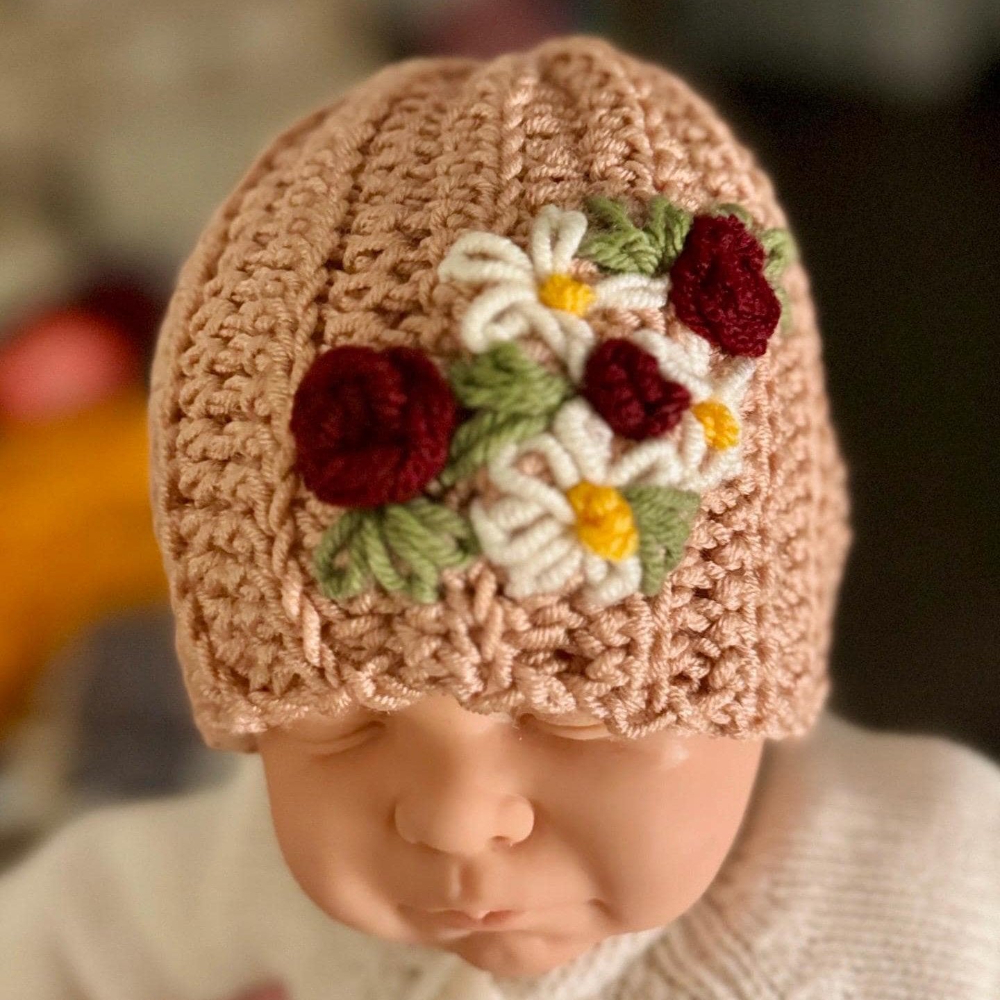 Hat for baby - crochet with hand embroidered flowers - beige size newborn to 3T available - Lilly Grace Sparkle Boutique