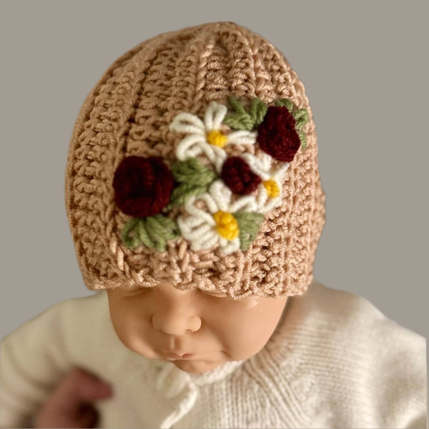 Hat for baby - crochet with hand embroidered flowers - beige size newborn to 3T available - Lilly Grace Sparkle Boutique