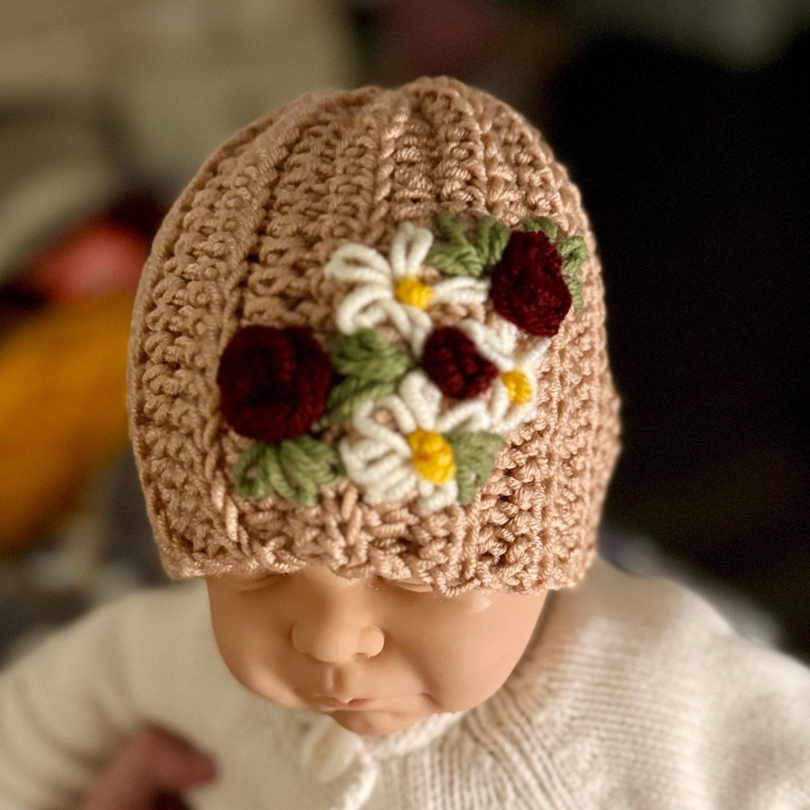 Hat for baby - crochet with hand embroidered flowers - beige size newborn to 3T available - Lilly Grace Sparkle Boutique