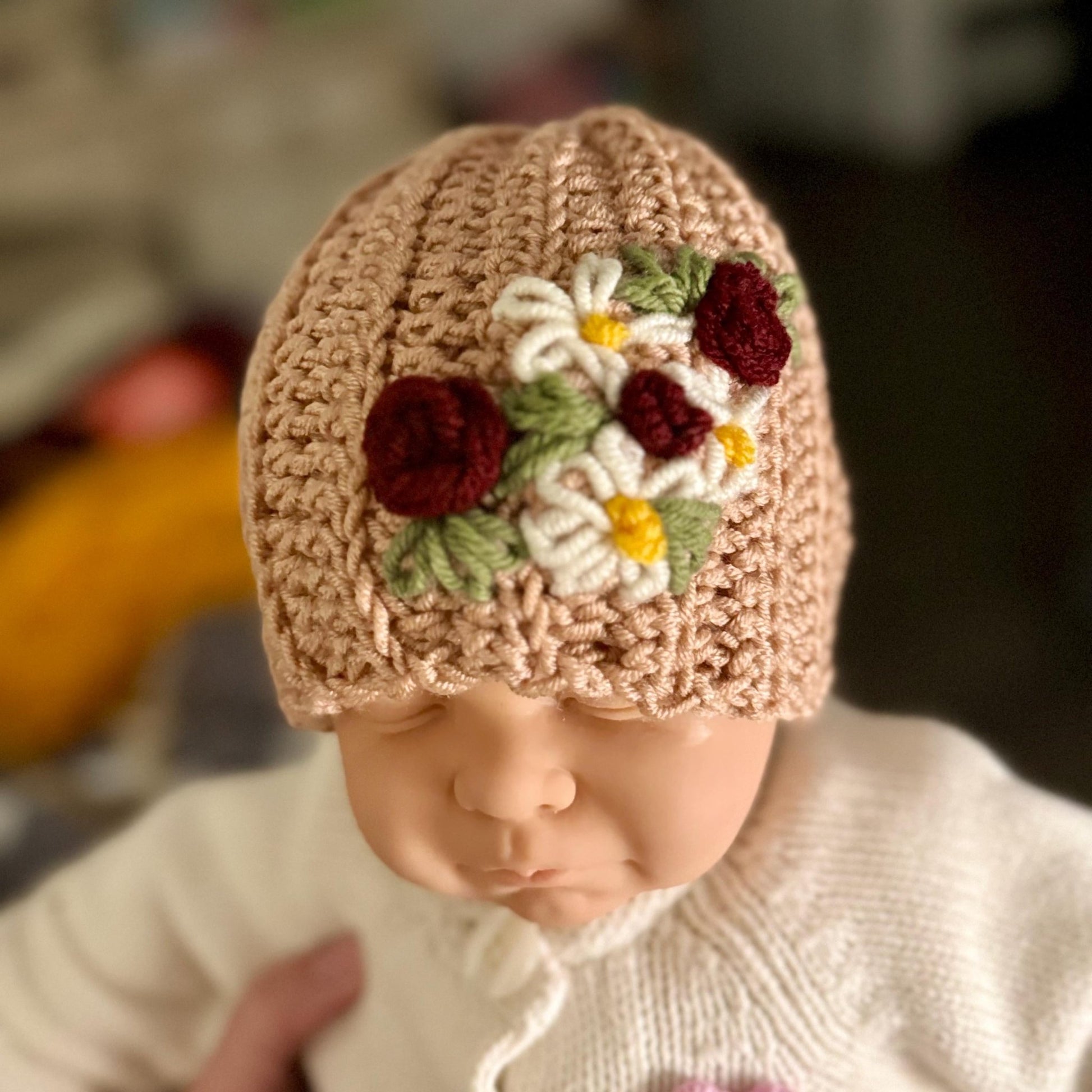 Hat for baby - crochet with hand embroidered flowers - beige size newborn to 3T available - Lilly Grace Sparkle Boutique