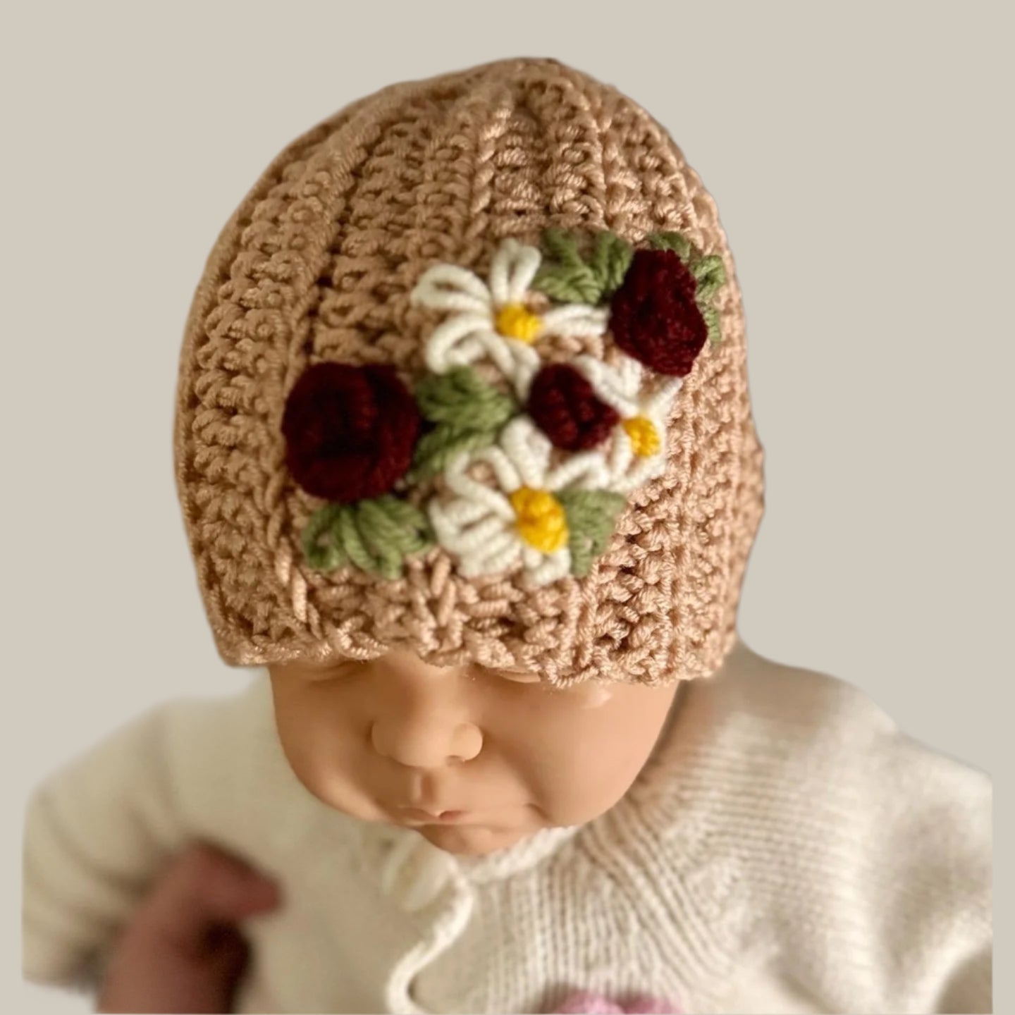 Hat for baby - crochet with hand embroidered flowers - beige size newborn to 3T available - Lilly Grace Sparkle Boutique