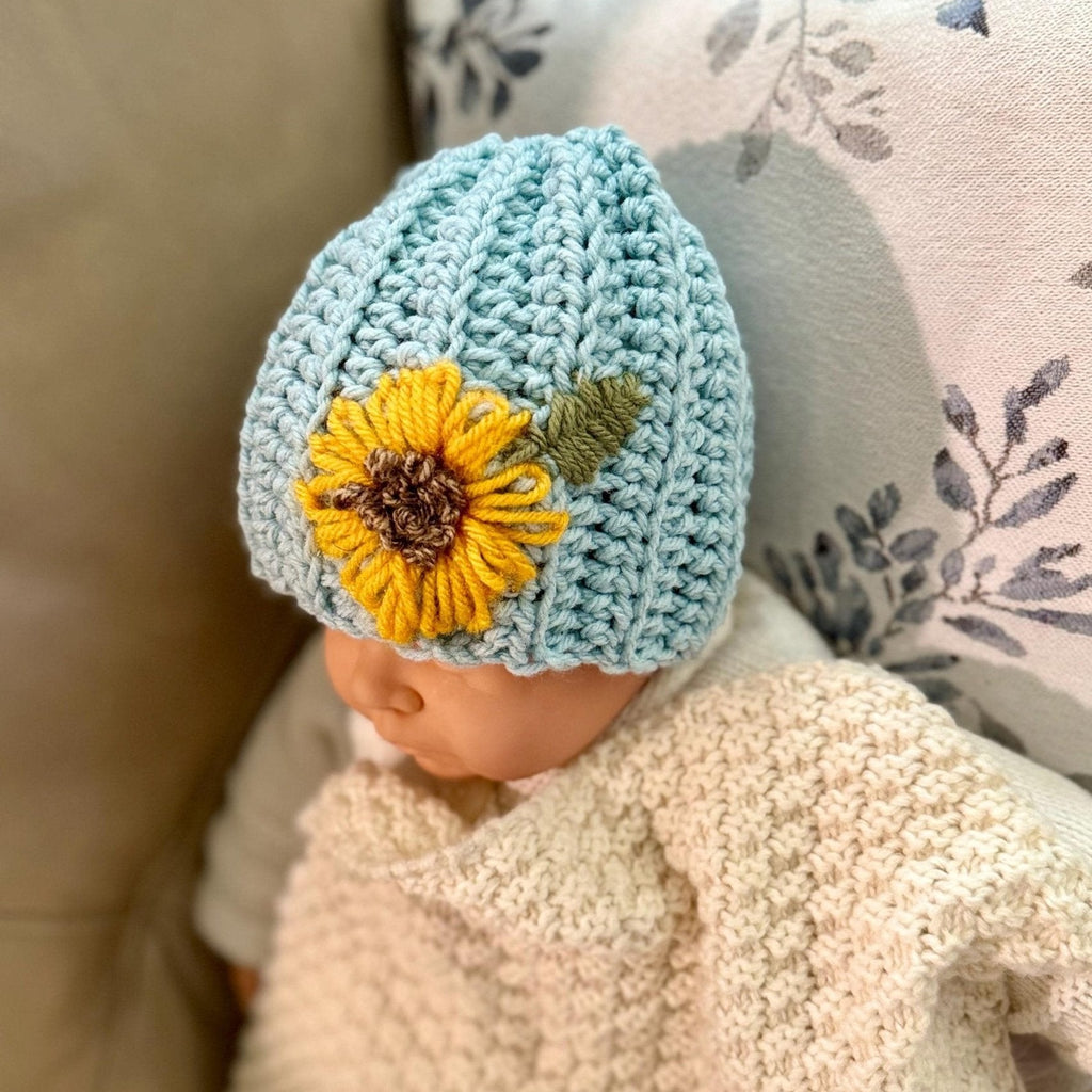 Hat for baby - crochet with hand embroidered sunflower - blue with sunflower embroidery - size newborn to 3T available - Lilly Grace Sparkle Boutique