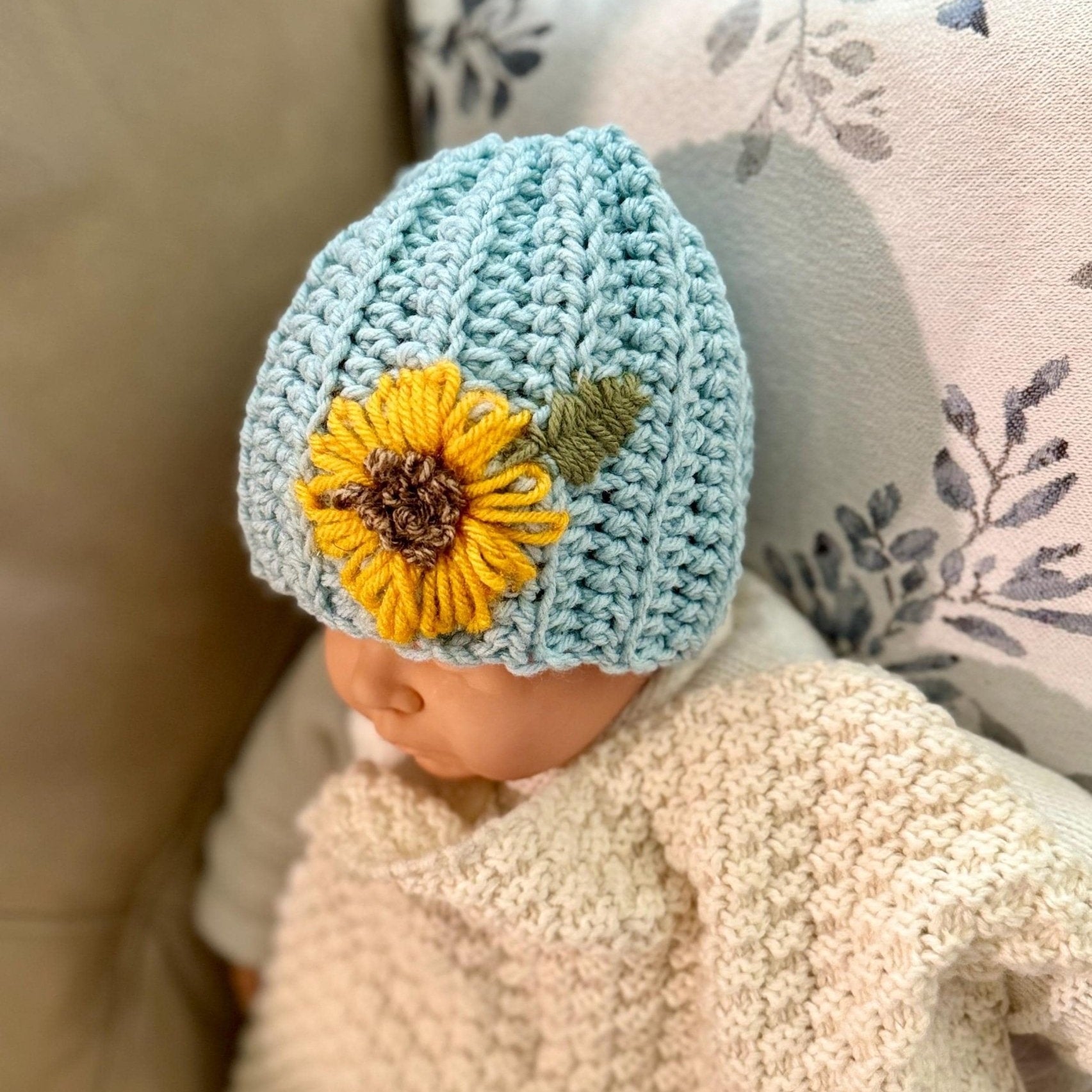Hat for baby - crochet with hand embroidered sunflower - blue with sunflower embroidery - size newborn to 3T available - Lilly Grace Sparkle Boutique