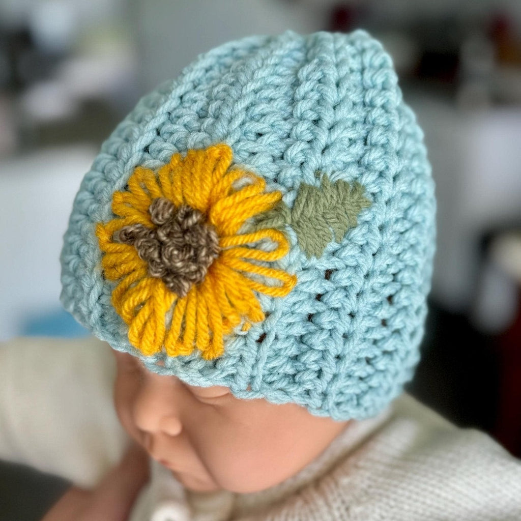 Hat for baby - crochet with hand embroidered sunflower - blue with sunflower embroidery - size newborn to 3T available - Lilly Grace Sparkle Boutique
