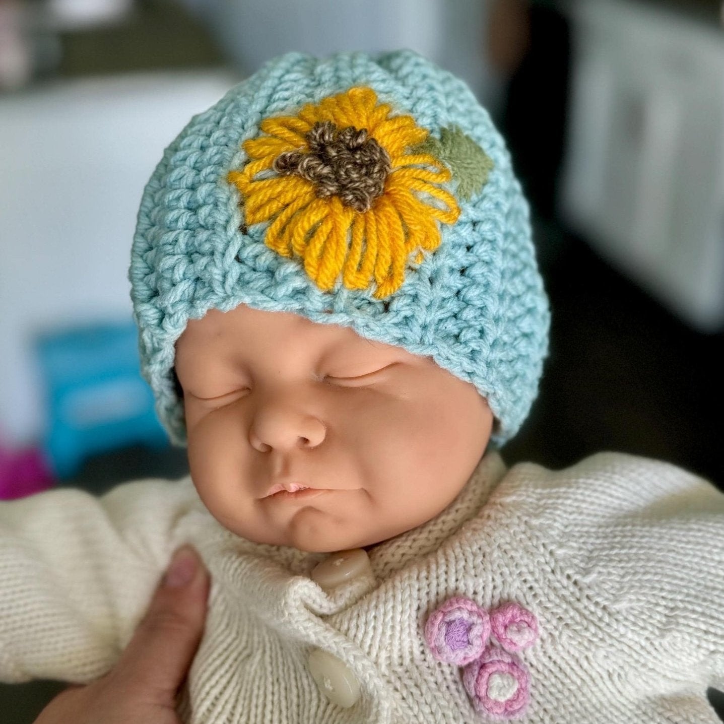 Hat for baby - crochet with hand embroidered sunflower - blue with sunflower embroidery - size newborn to 3T available - Lilly Grace Sparkle Boutique