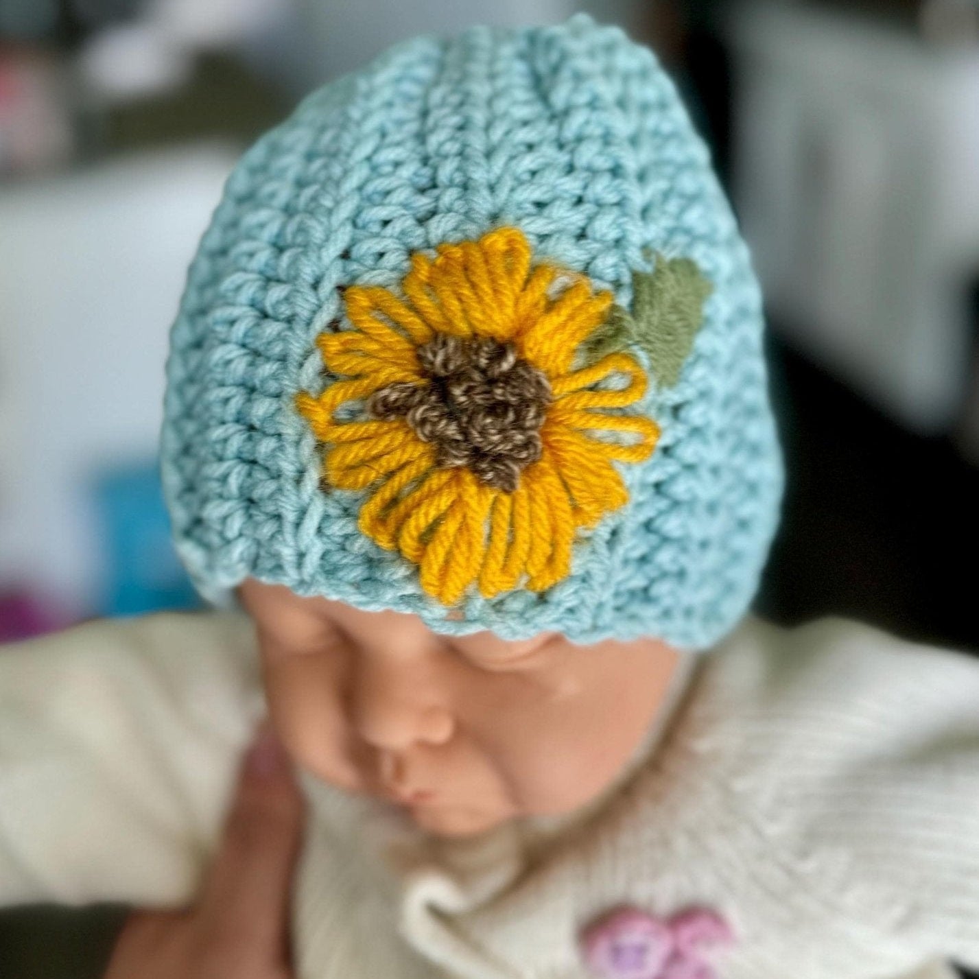 Hat for baby - crochet with hand embroidered sunflower - blue with sunflower embroidery - size newborn to 3T available - Lilly Grace Sparkle Boutique