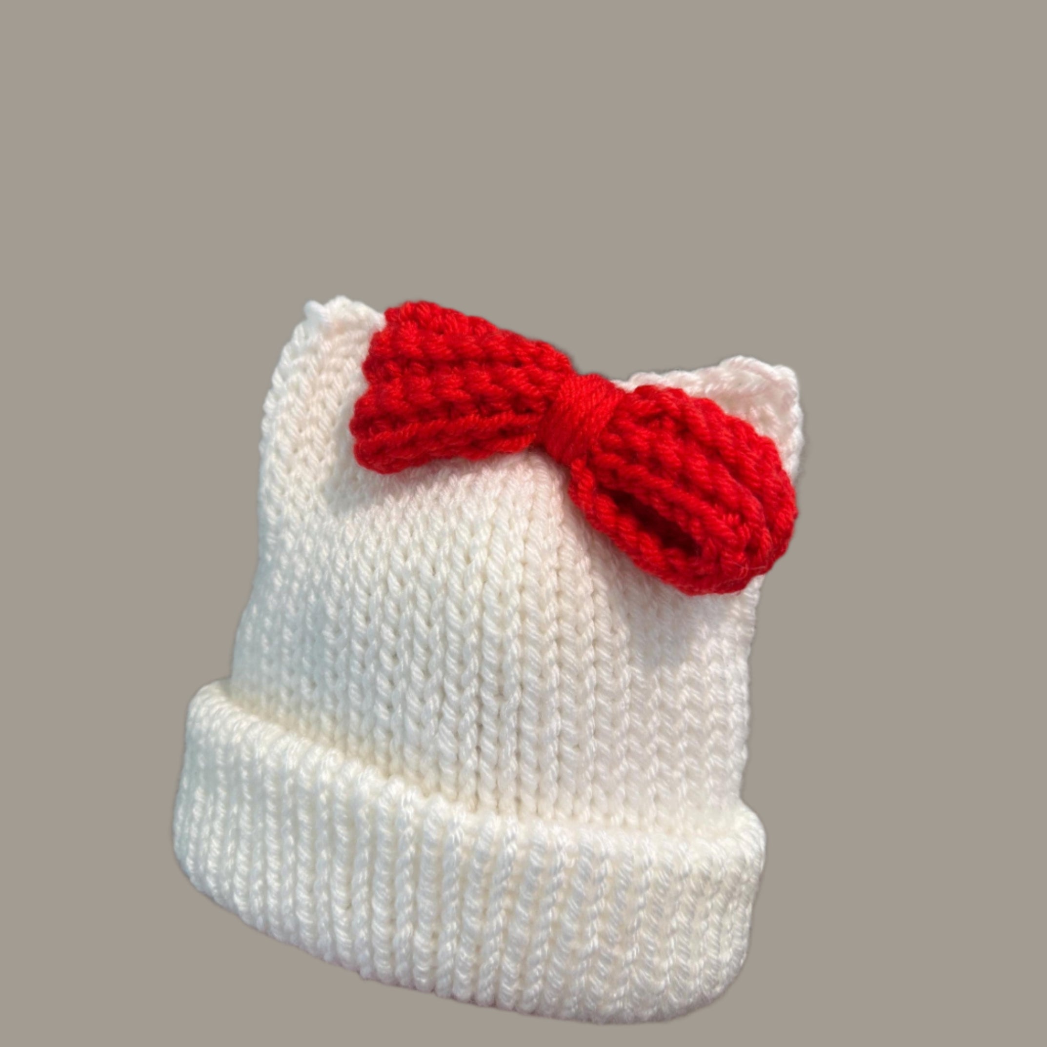 Kitty ears beanie hat, red and white beanie hat with cat ears, white beanie hat with red bow- Sizes newborn to adult