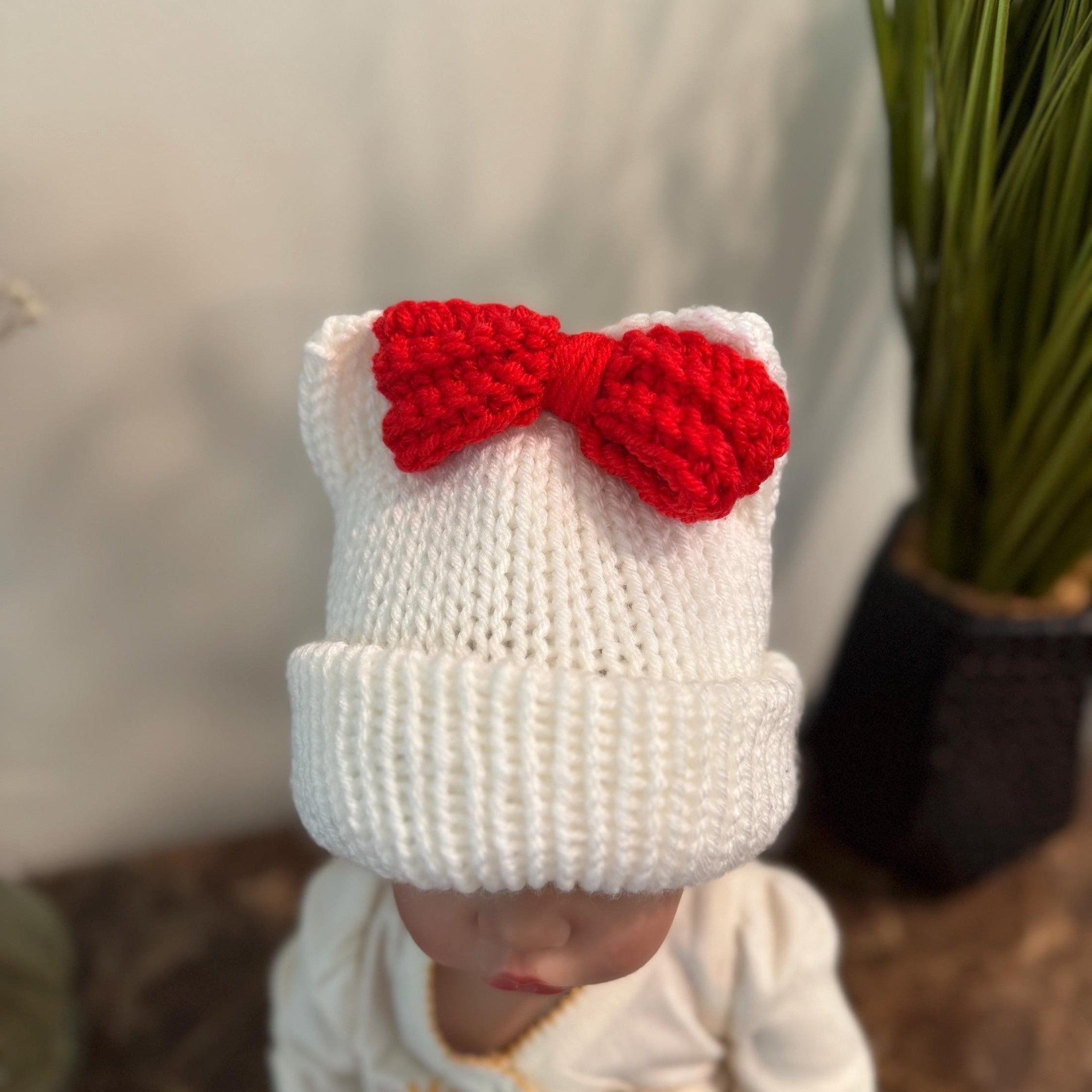 Kitty ears beanie hat, red and white beanie hat with cat ears, white beanie hat with red bow- Sizes newborn to adult