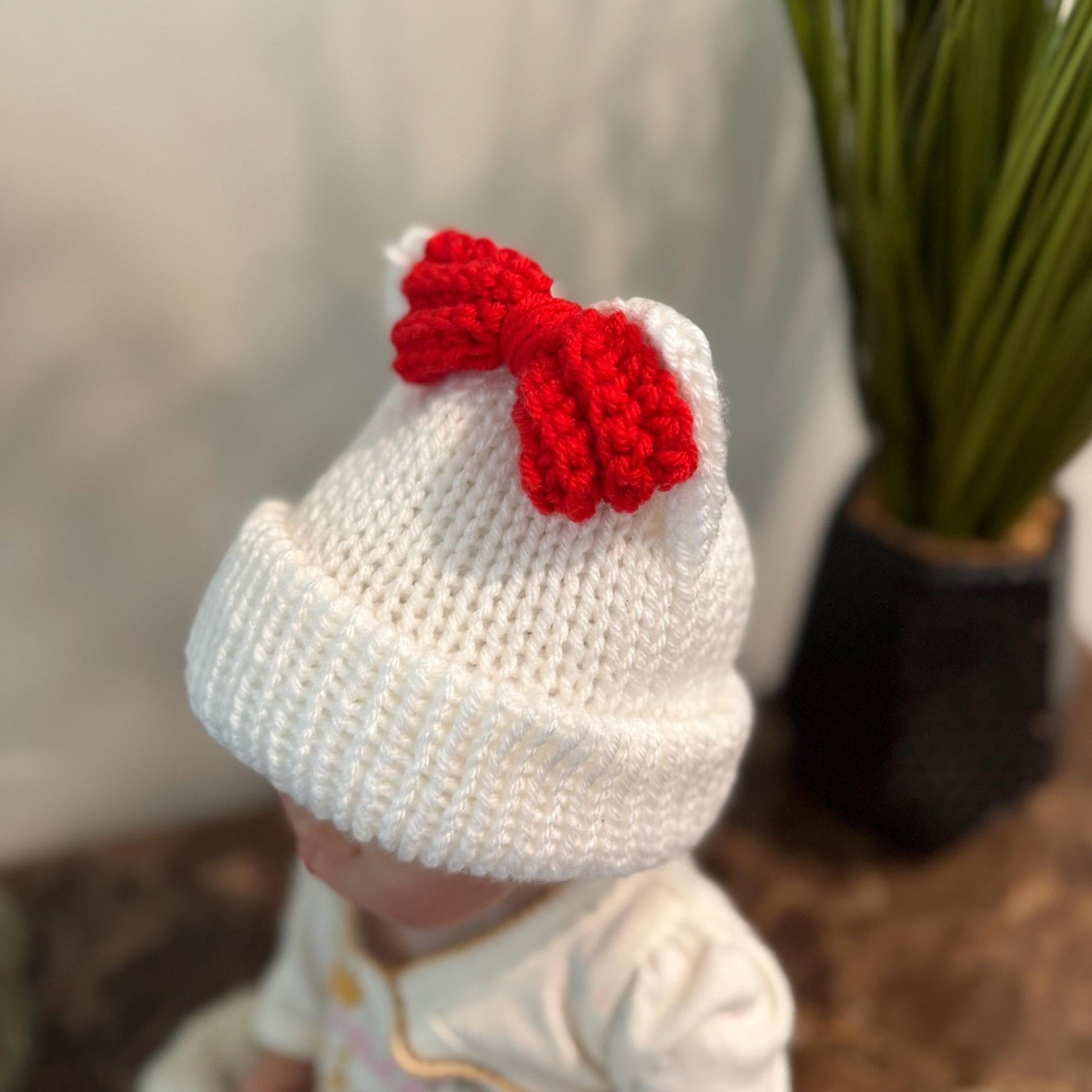 Kitty ears beanie hat, red and white beanie hat with cat ears, white beanie hat with red bow- Sizes newborn to adult