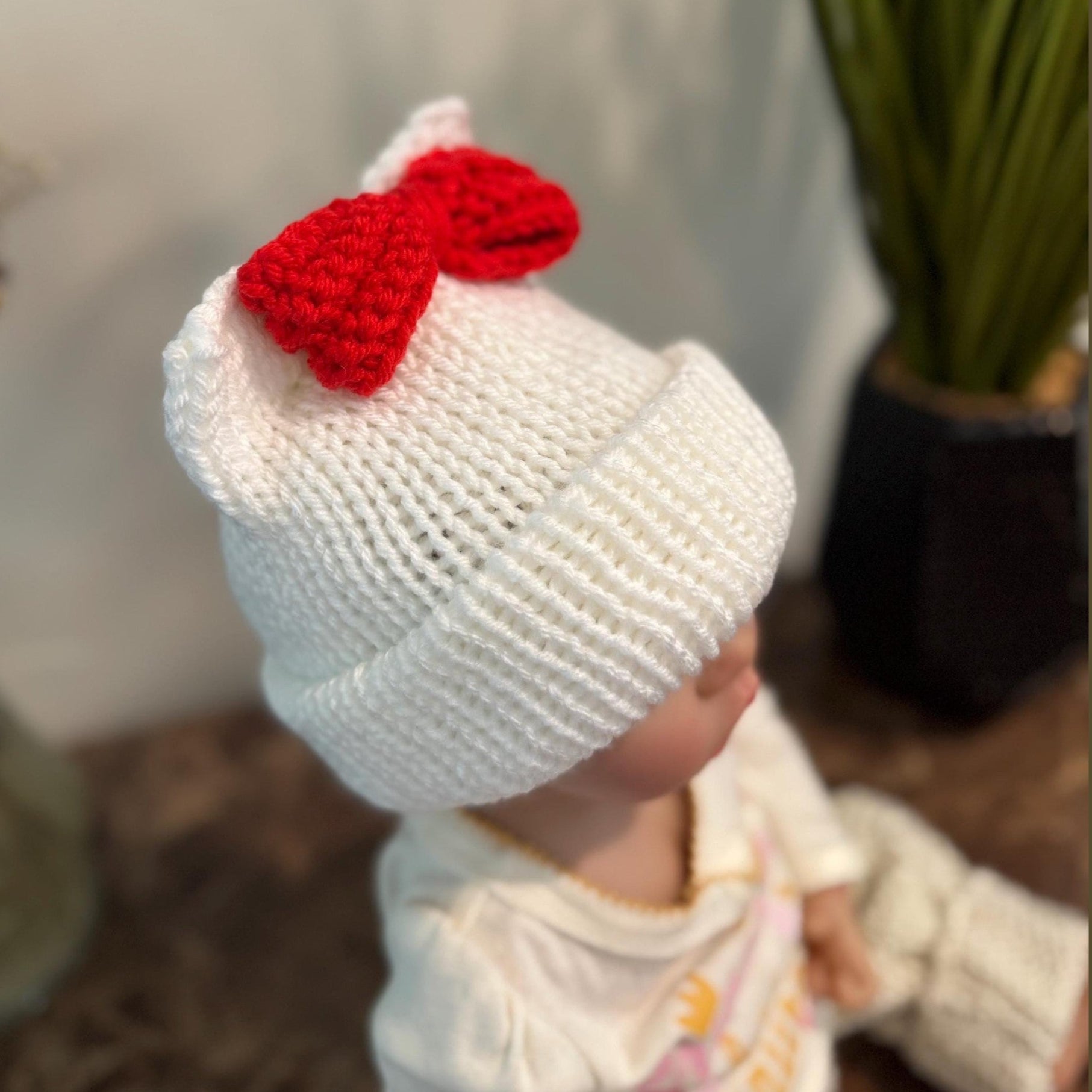 Kitty ears beanie hat, red and white beanie hat with cat ears, white beanie hat with red bow- Sizes newborn to adult