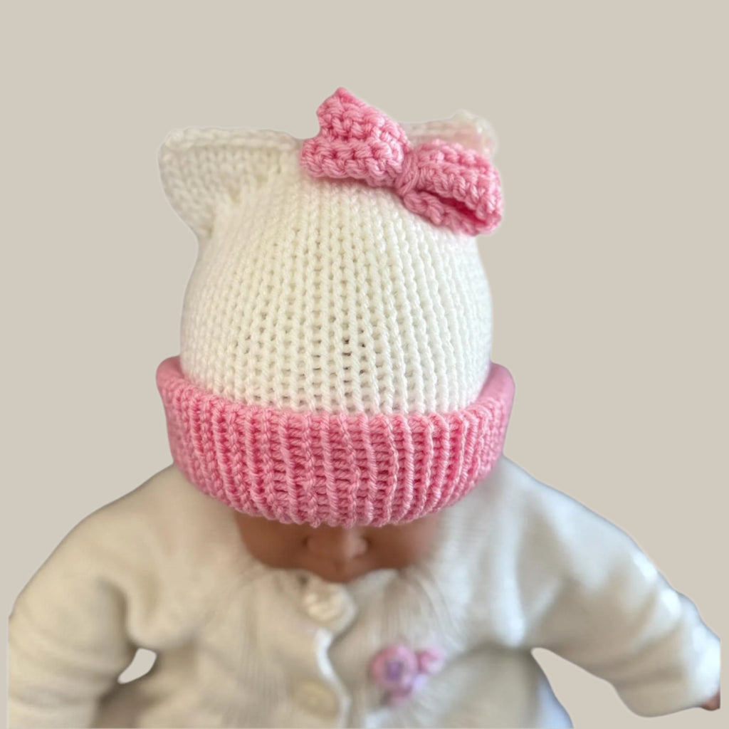 Kitty ears beanie hat, white and pink beanie hat with cat ears - Sizes newborn to adult. - Lilly Grace Sparkle Boutique