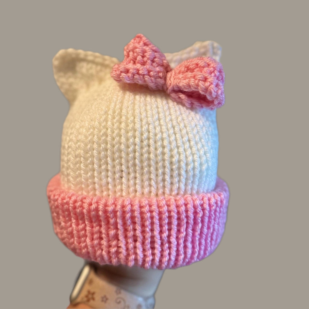 Kitty ears beanie hat, white and pink beanie hat with cat ears - Sizes newborn to adult. - Lilly Grace Sparkle Boutique