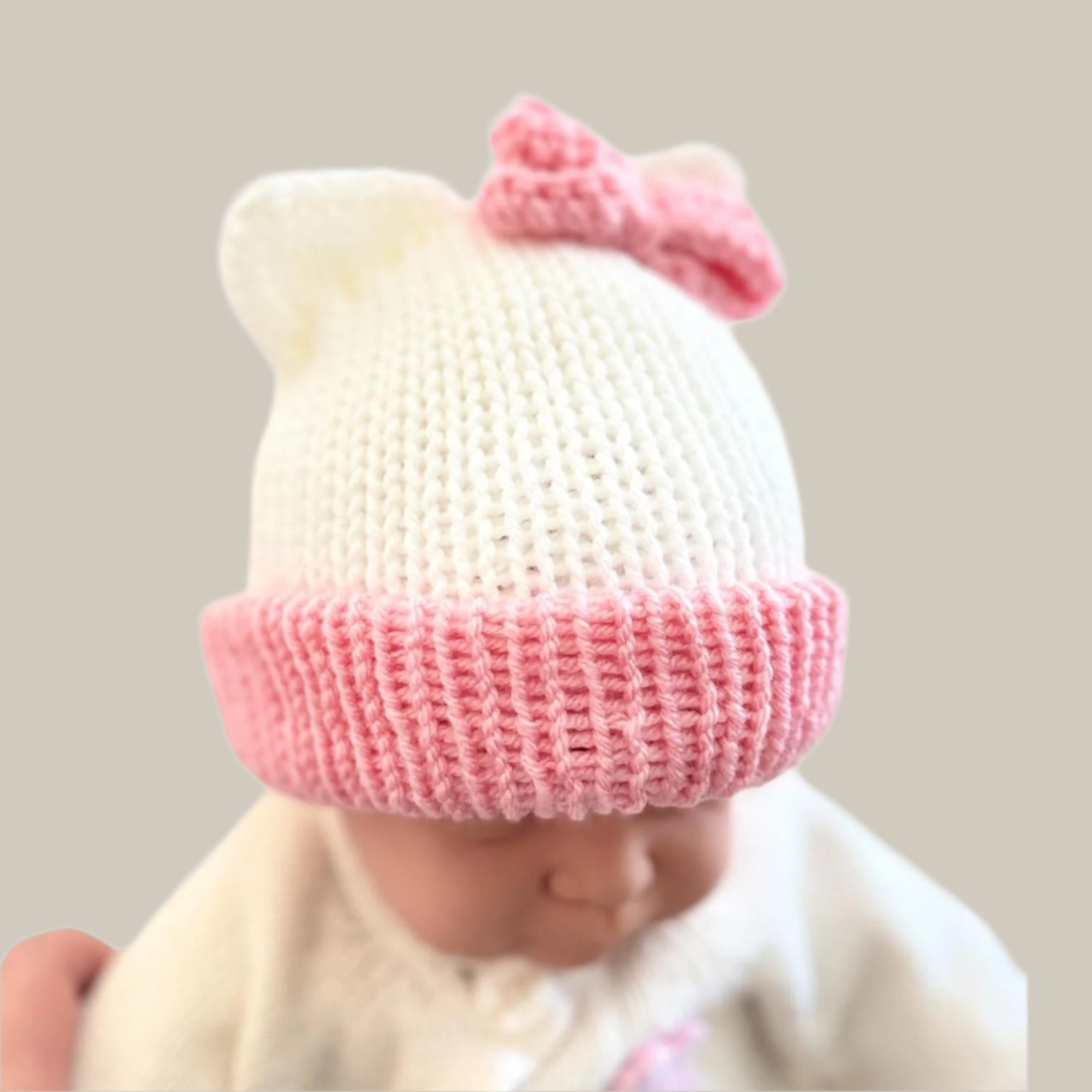 Kitty ears beanie hat, white and pink beanie hat with cat ears - Sizes newborn to adult. - Lilly Grace Sparkle Boutique